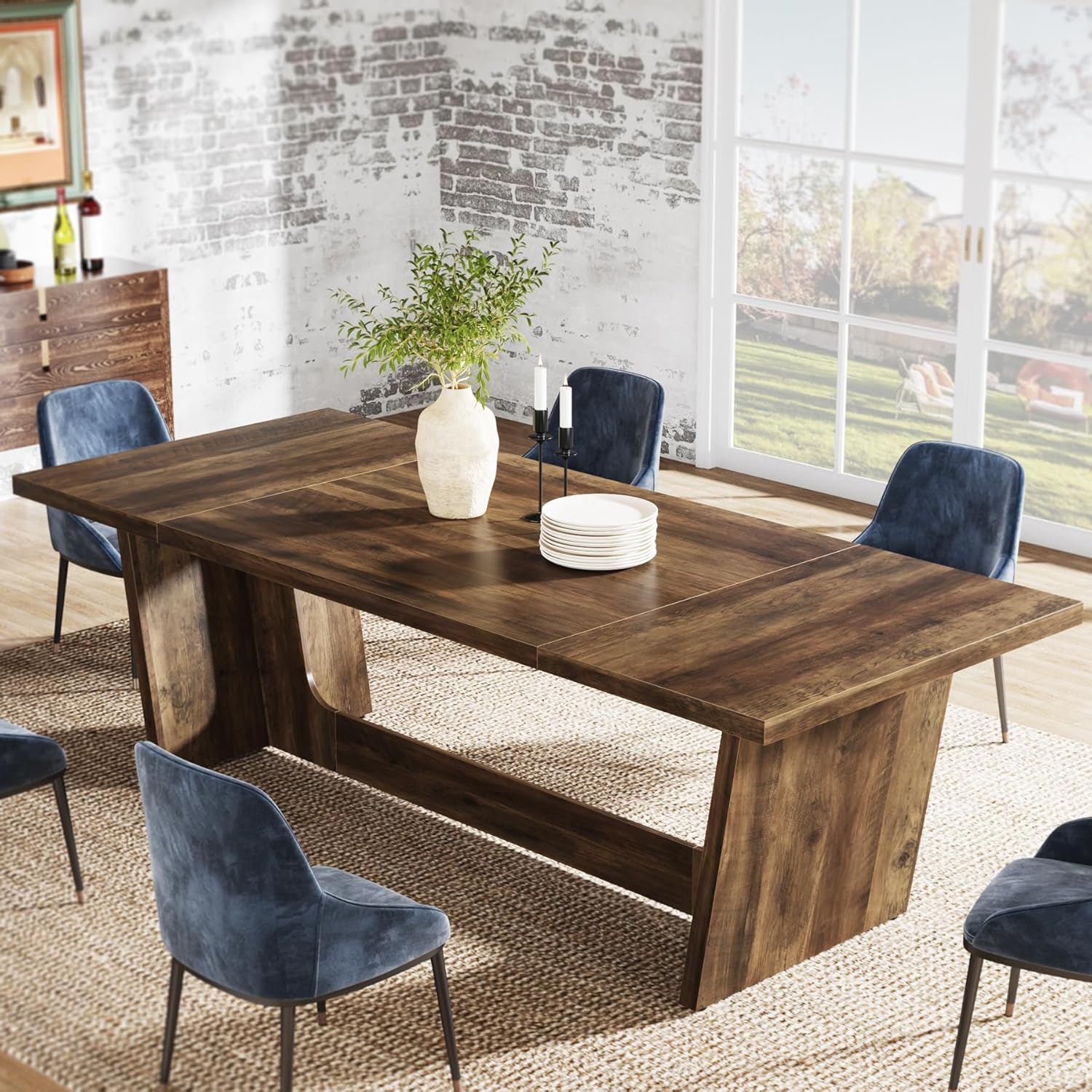 70.87" Rustic Brown Dining Table, Large Farmhouse Rectangular Table with Solid Pedestal Base