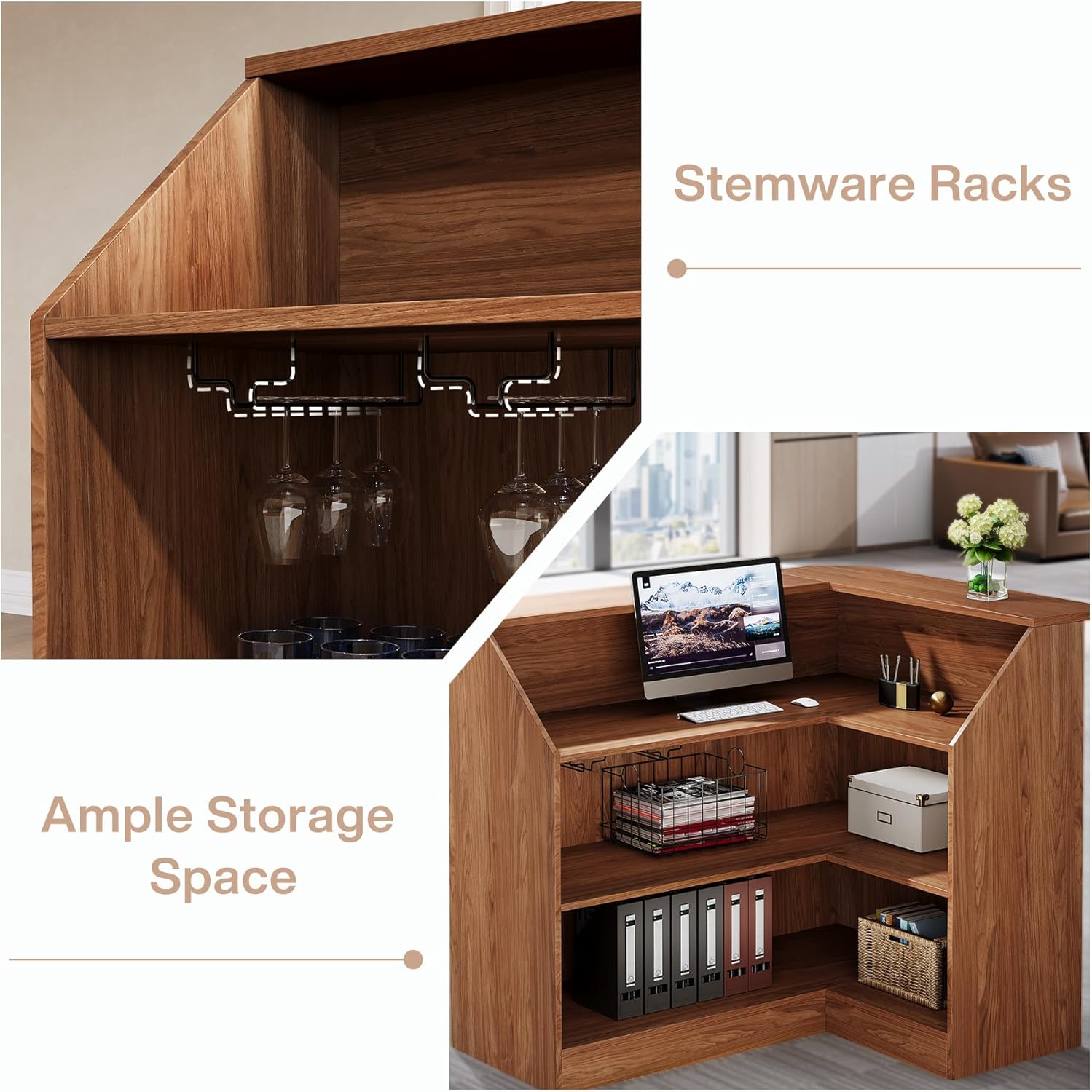 L-Shaped Reception Desk with Storage Shelves, Modern Front Desk for Small Office or Salon