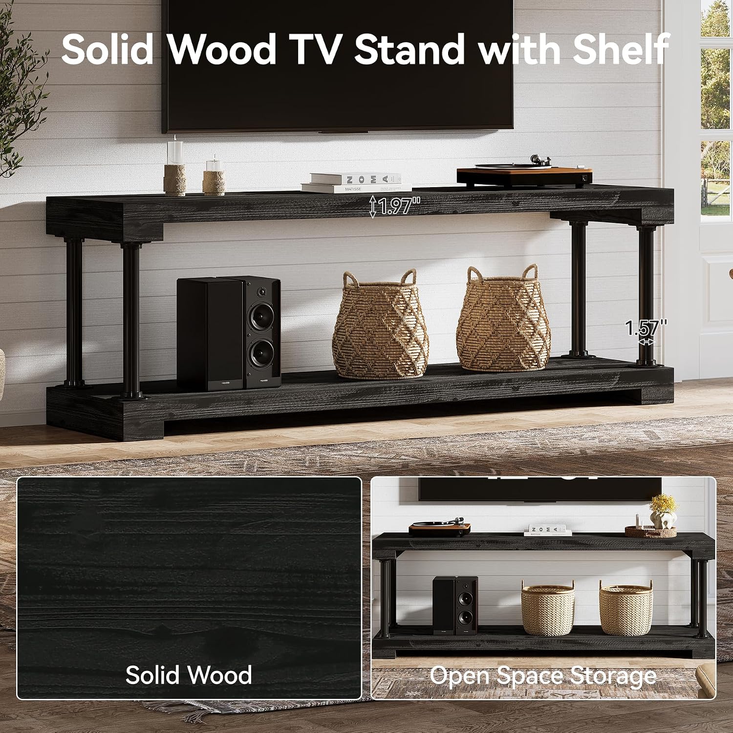 Tribesigns 63-Inch Solid Wood TV Stand, Vintage Media Console Table with Storage