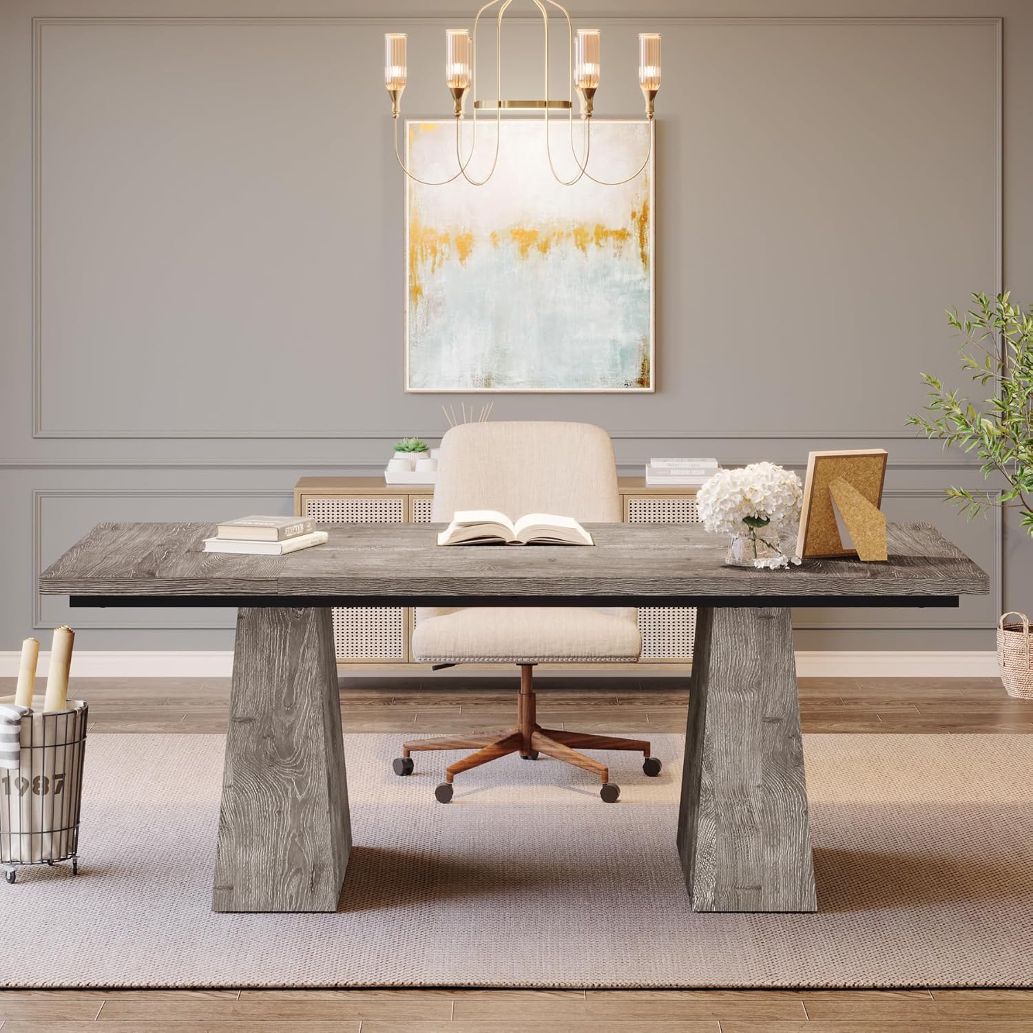 63" Executive Office Desk, Modern Black Double Pedestal Workstation for Home