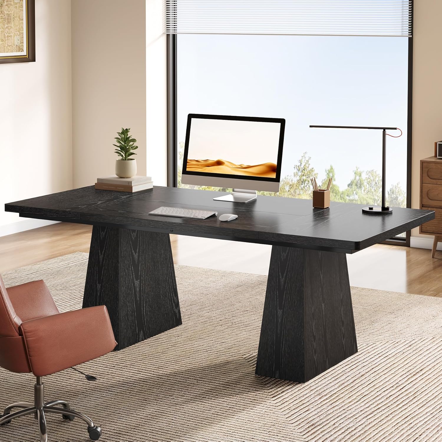 63" Executive Office Desk, Modern Black Double Pedestal Workstation for Home