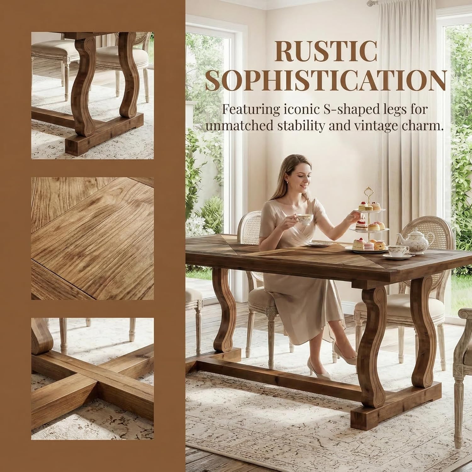 63" Solid Wood Farmhouse Dining Table for 4–6, Rectangular Kitchen Table with Parquetry Top & Scroll Legs