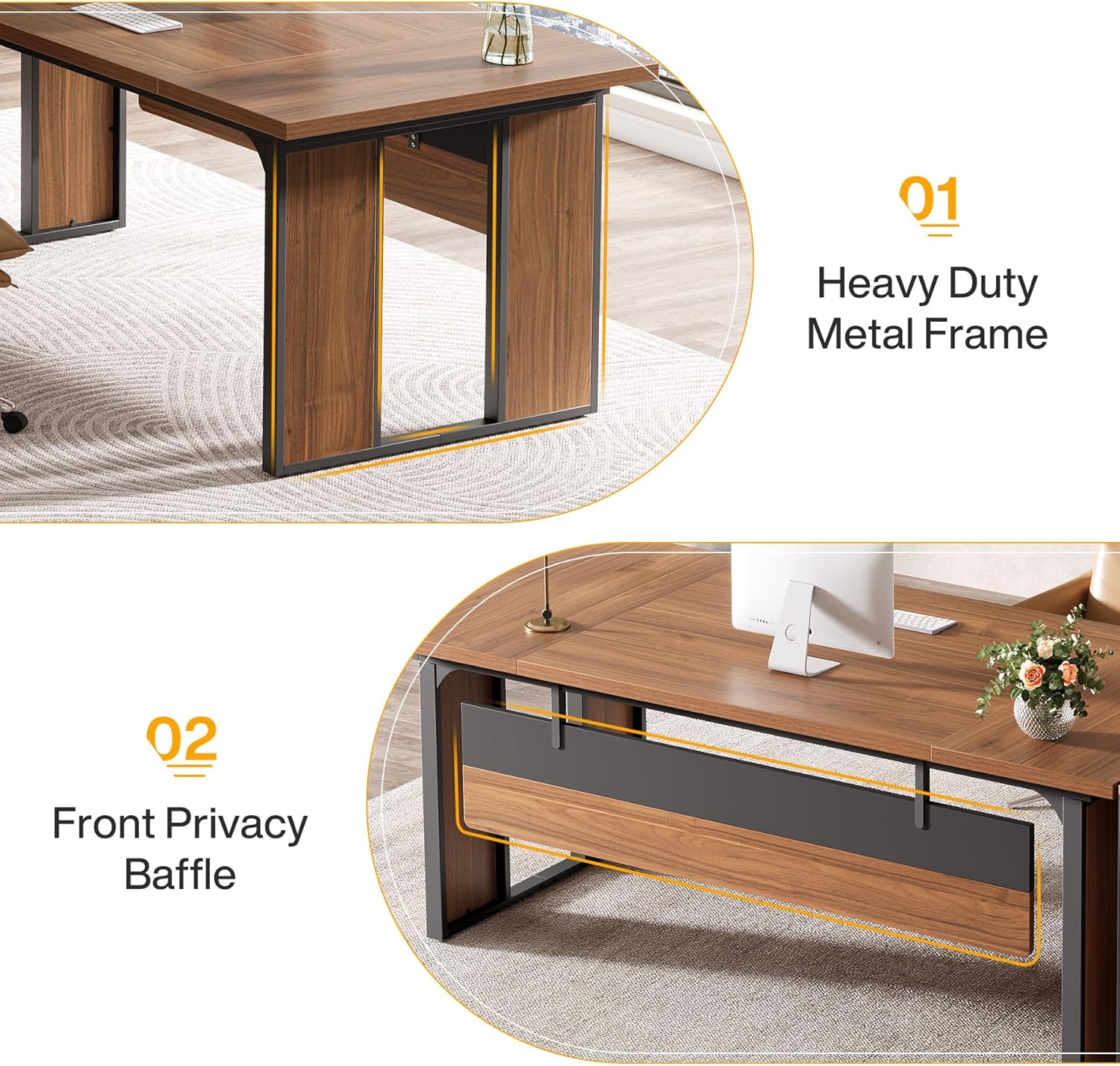 63" Executive Desk, Modern Computer Desk with Privacy Panel & Metal Frame