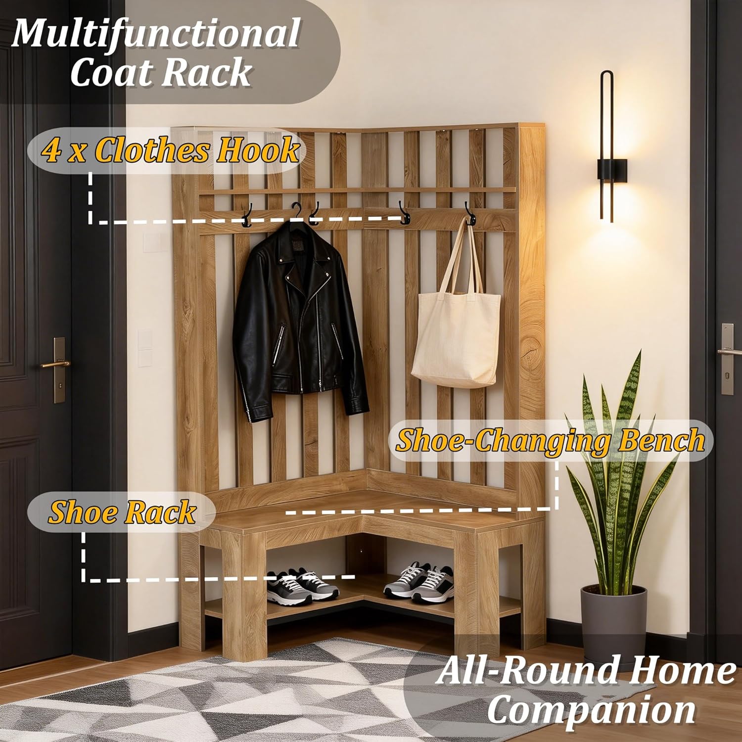 70.8" L-Shaped Coat Rack, Corner Hall Tree with 4 Hooks & Shoe Storage