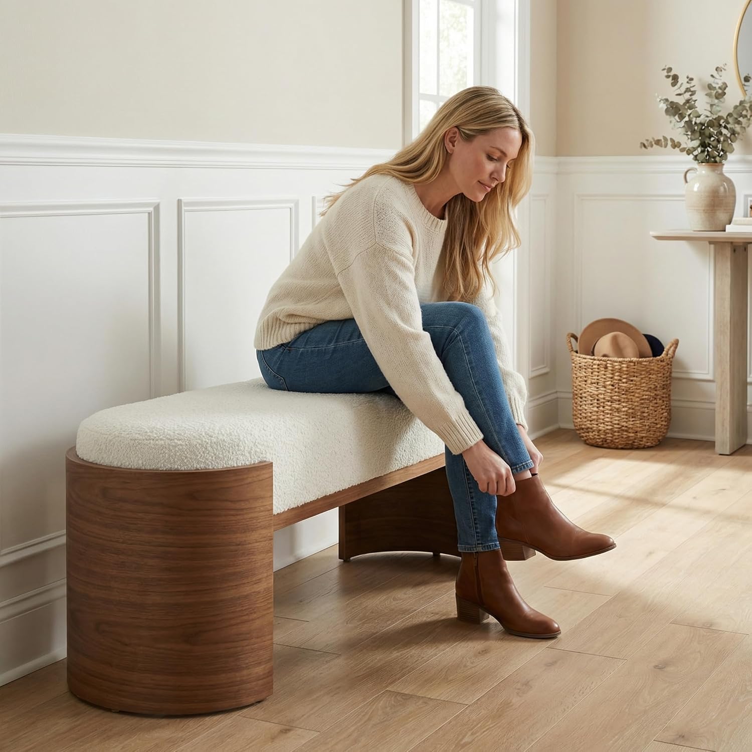 47.2" Solid Wood Entryway Bench, Upholstered End of Bed Bench for Bedroom