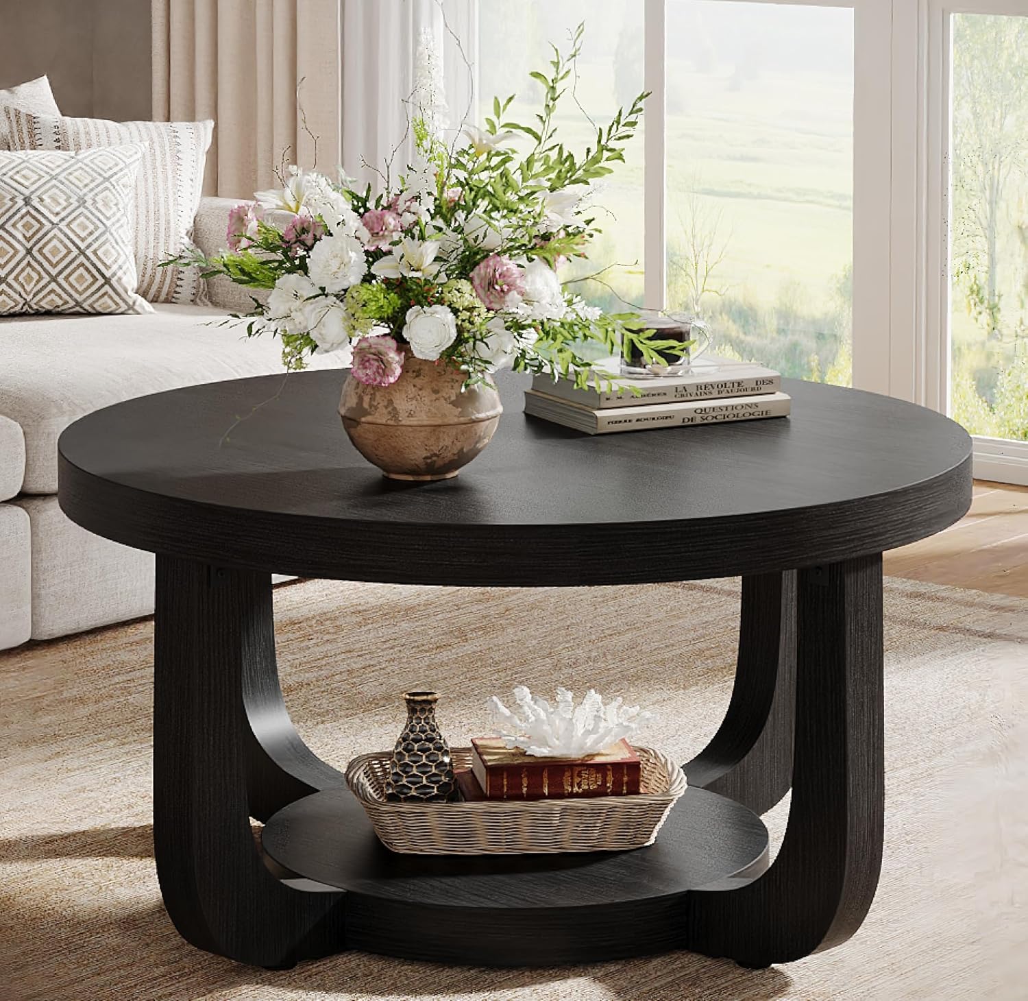 31.5" Coffee Table, Modern 2-Tier Circle Center Table with Storage