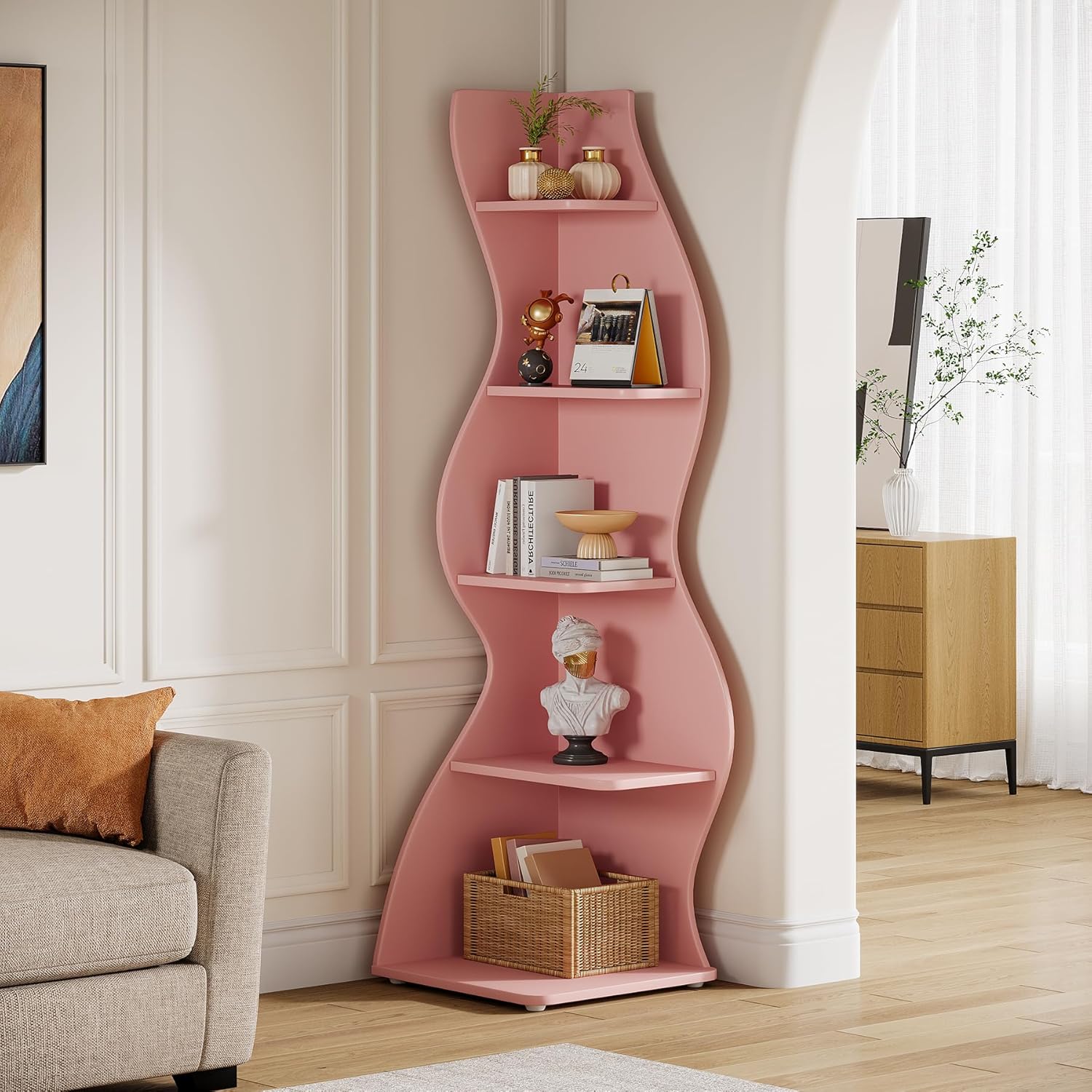 Tribesigns Wavy Corner Shelf, Modern 5-Tier Curved Bookshelf for Small Spaces