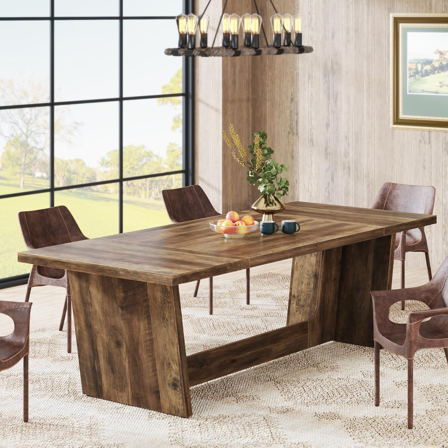 70.87" Rustic Brown Dining Table, Large Farmhouse Rectangular Table with Solid Pedestal Base