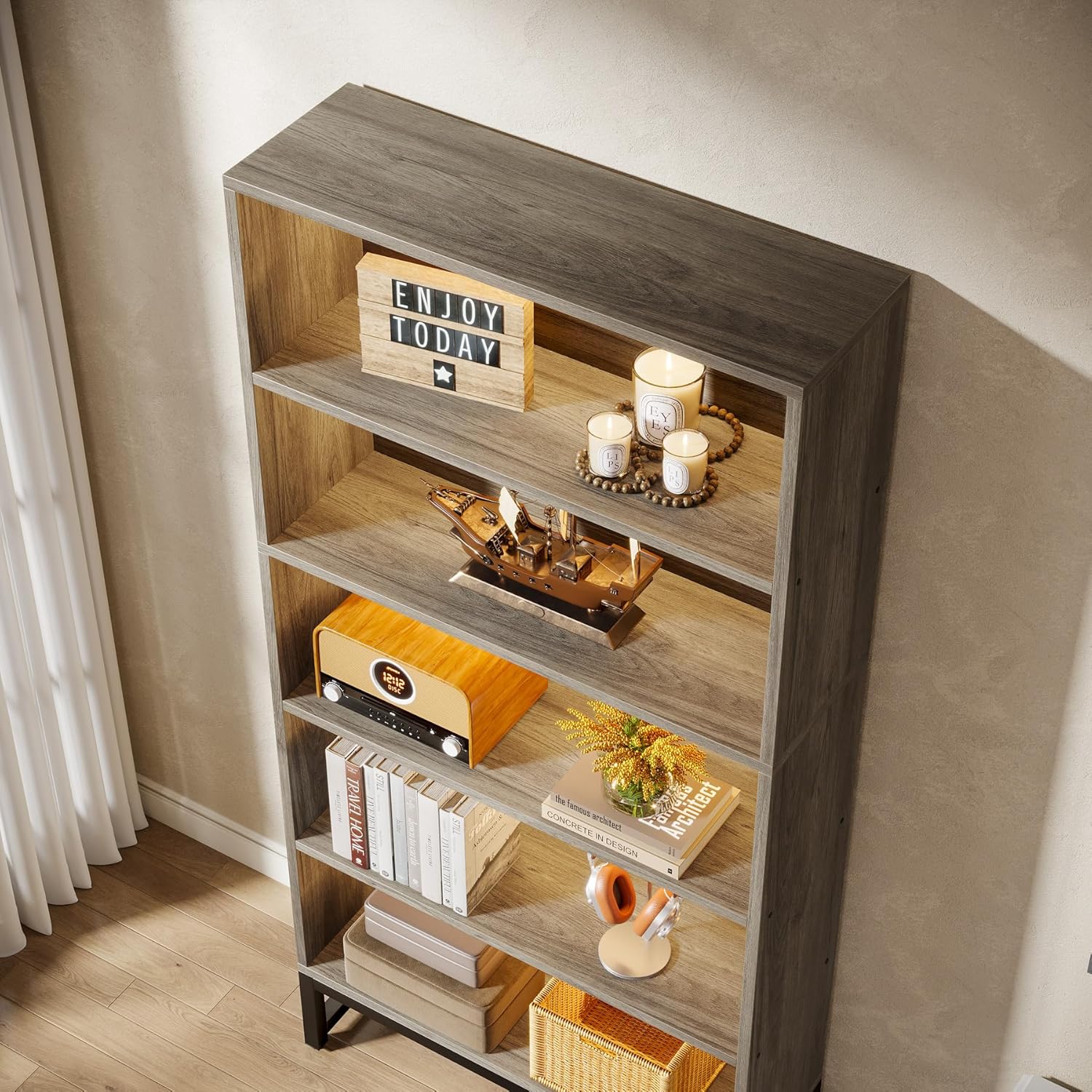 Tribesigns 70.8-Inch Tall Bookcase with LED Lights, 5-Tier Black Bookshelf Organizer