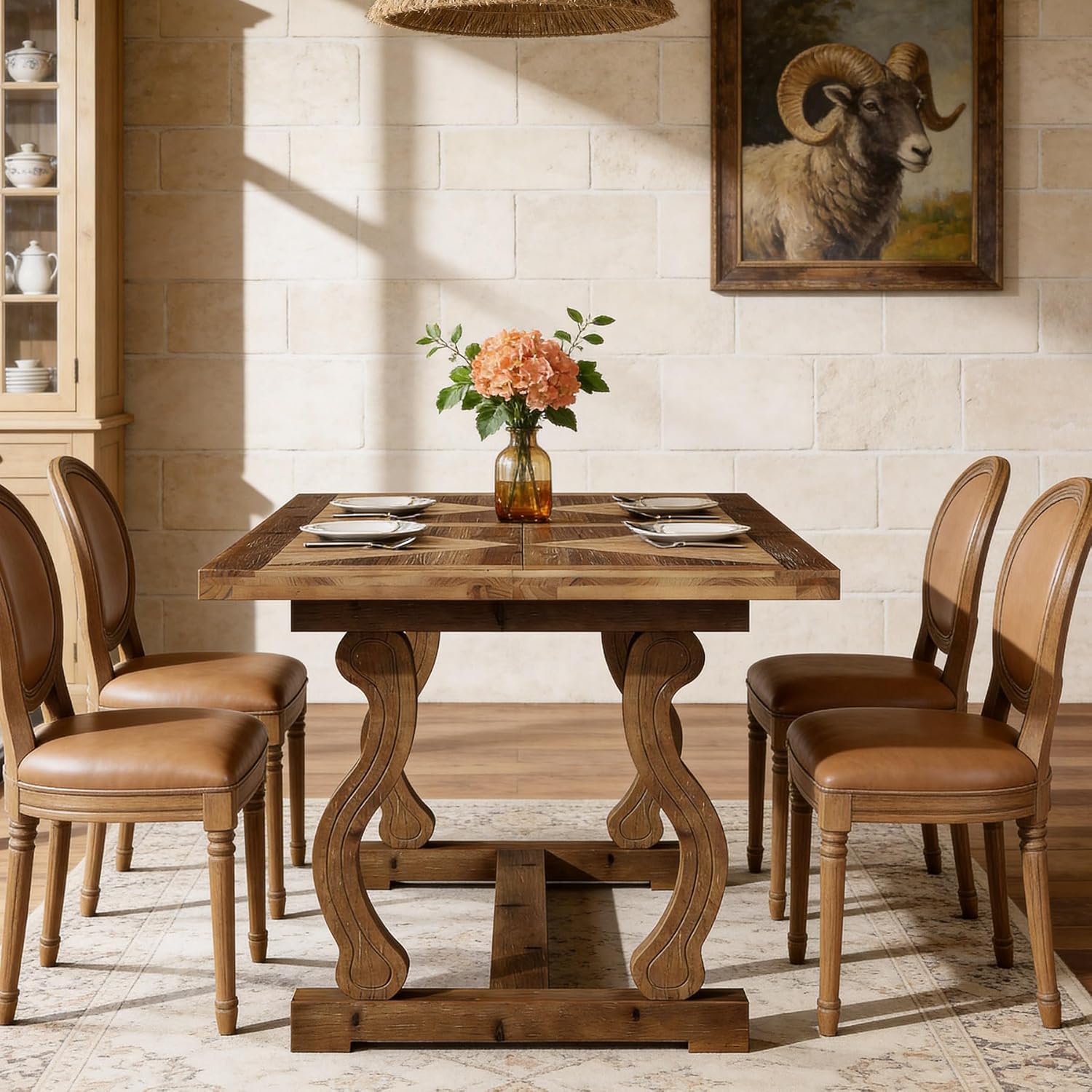 63" Solid Wood Farmhouse Dining Table for 4–6, Rectangular Kitchen Table with Parquetry Top & Scroll Legs