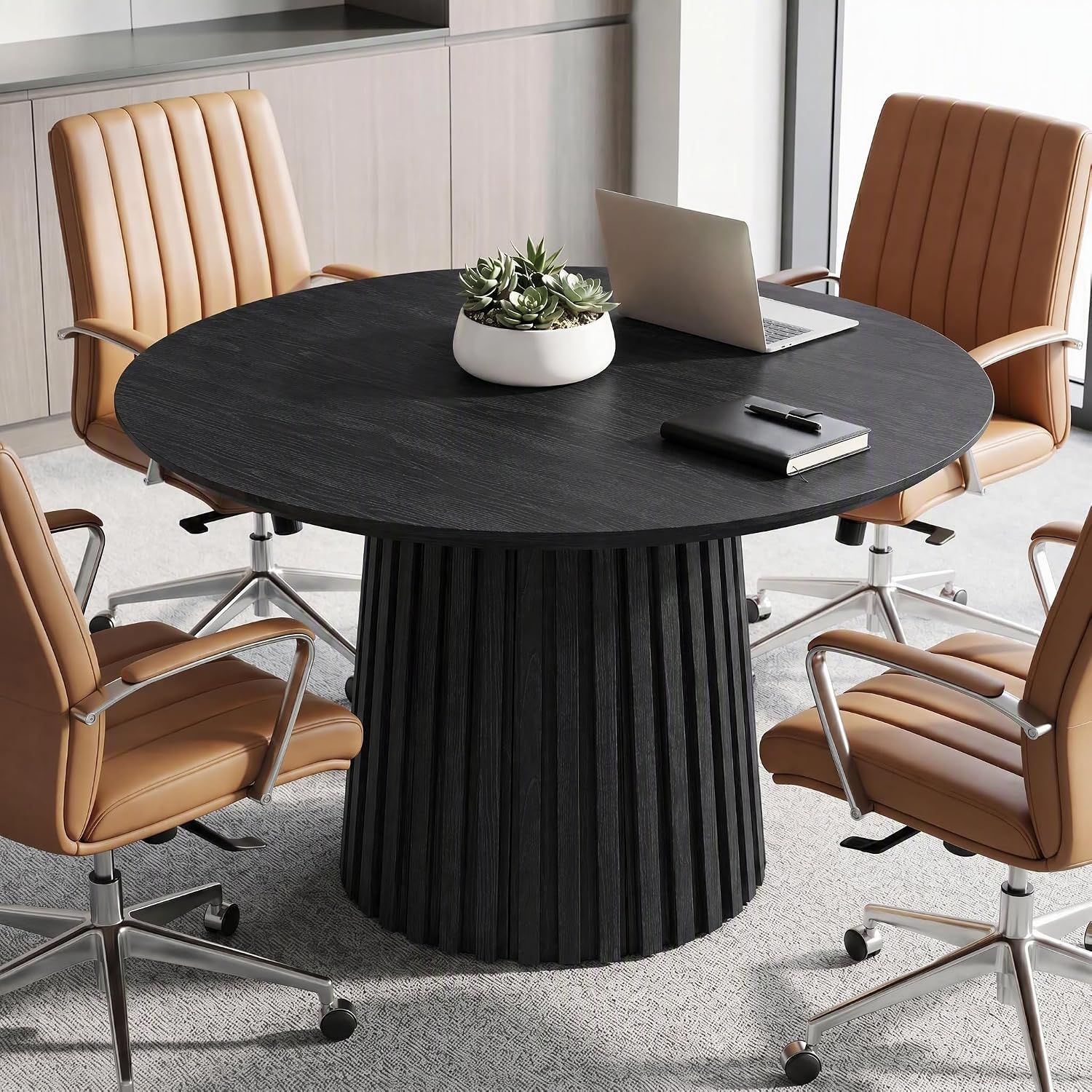 Solid Wood Round Conference Table for 4-6 People, Fluted Base Meeting Table for Office
