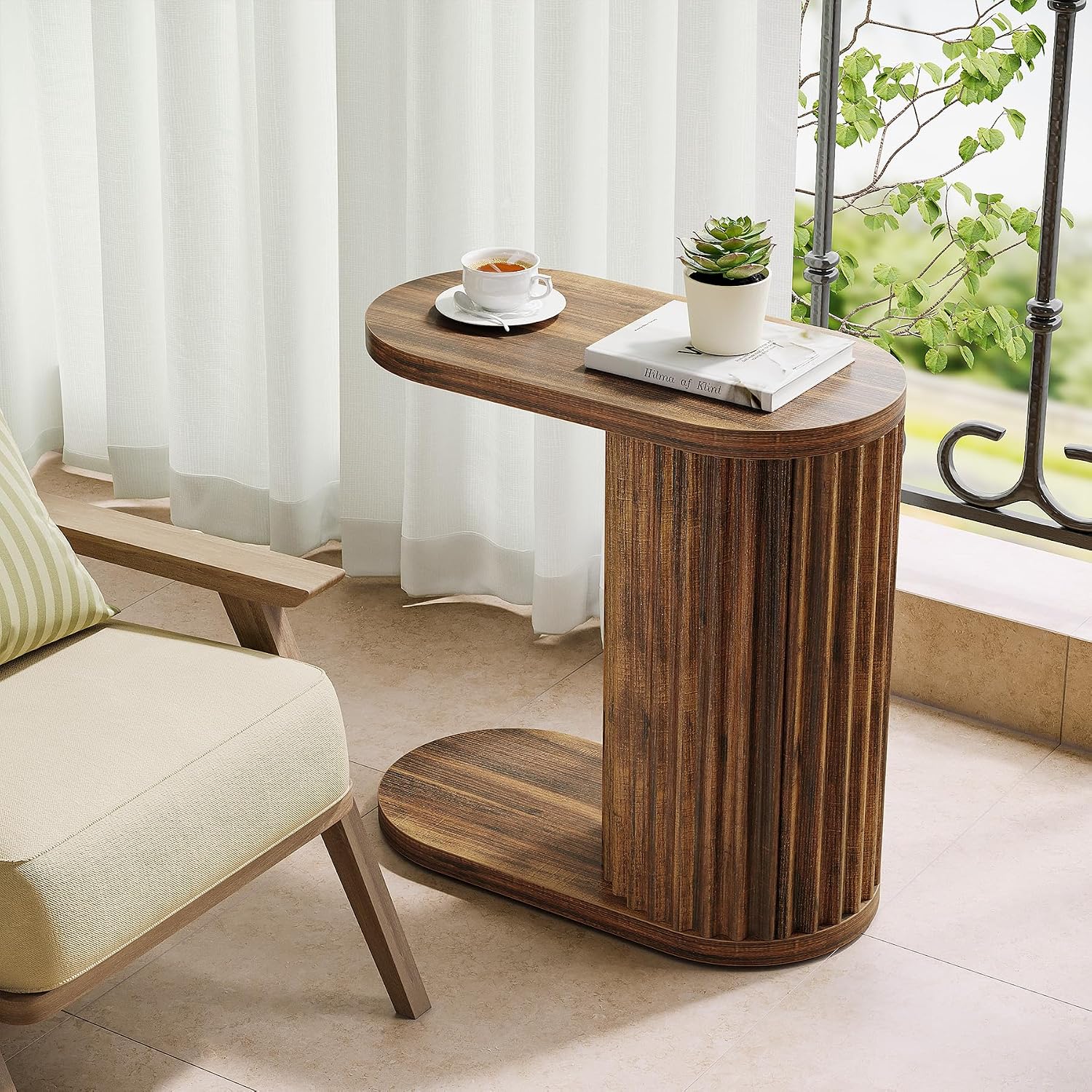 23.62" Fluted C-Shaped End Table with Oval Top, Narrow Side Table for Couch