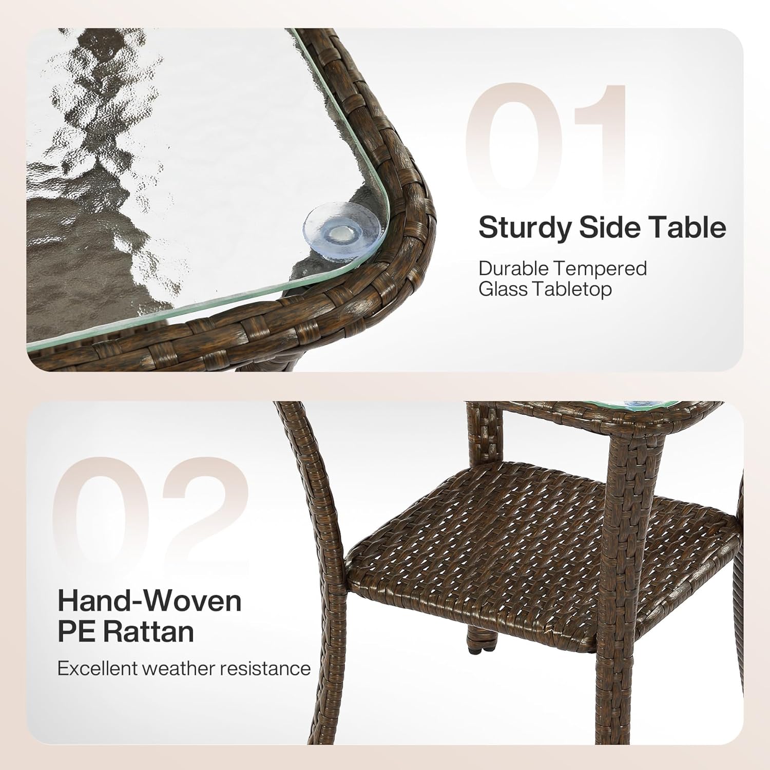 Outdoor Side Table, Rattan Wicker Table with Tempered Glass Top