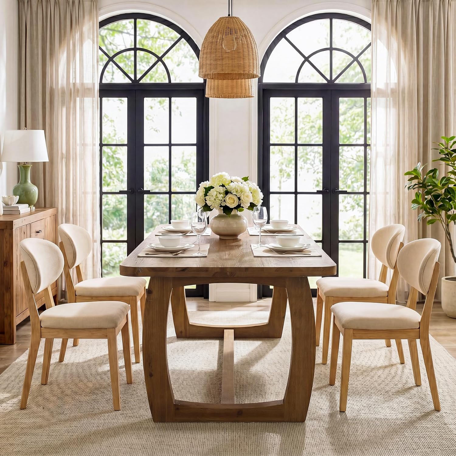 63" Solid Wood Dining Table, Farmhouse Rectangle Kitchen Table with U-Shaped Trestle Base