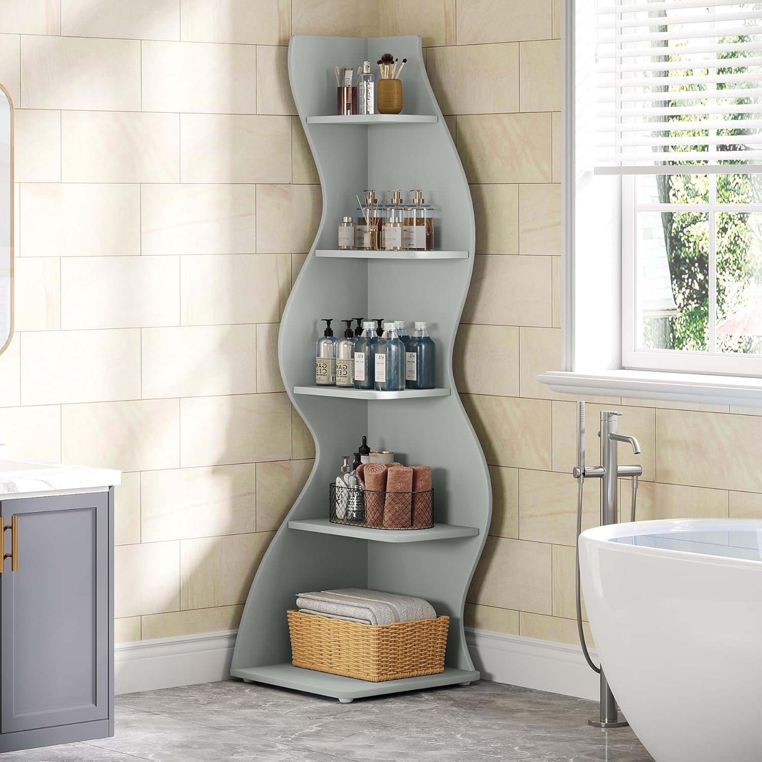 Tribesigns Wavy Corner Shelf, Modern 5-Tier Curved Bookshelf for Small Spaces