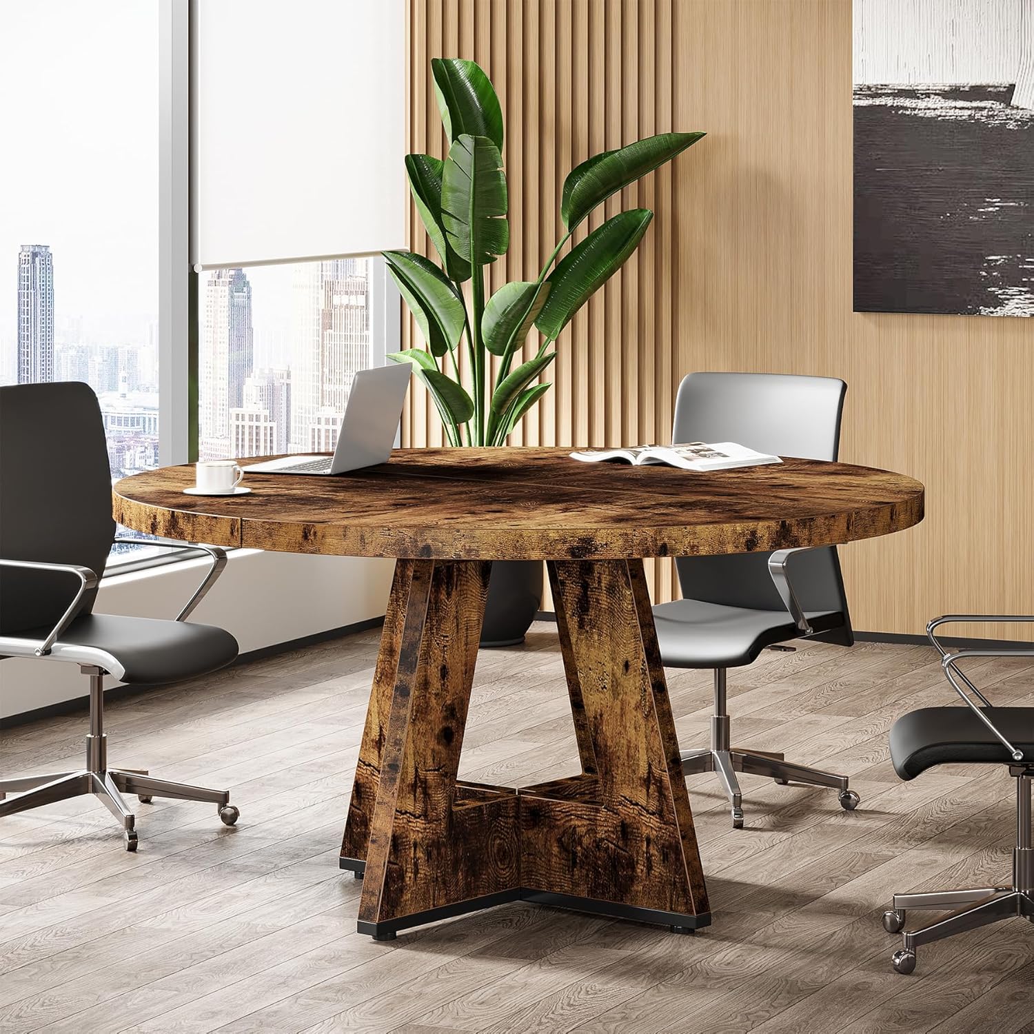 Tribesigns 47-Inch Round Conference Table for 4-6 People, Wooden Base and Thickened Top