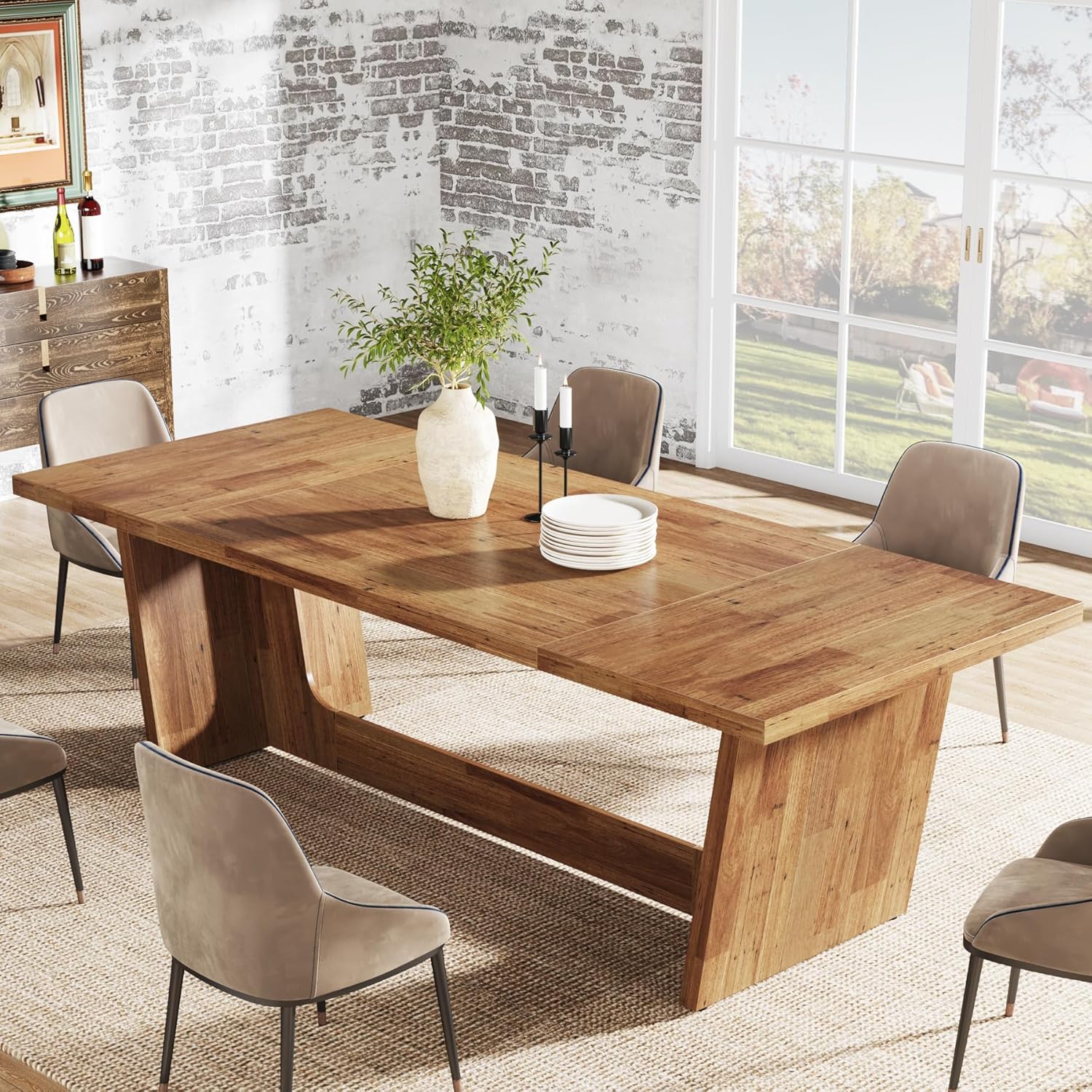 70.87" Rustic Brown Dining Table, Large Farmhouse Rectangular Table with Solid Pedestal Base