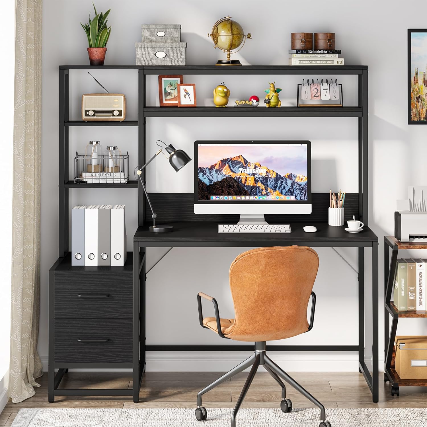 Tribesigns 55 Inch Computer Desk with Storage Shelves, Rustic Office Desk with Drawers