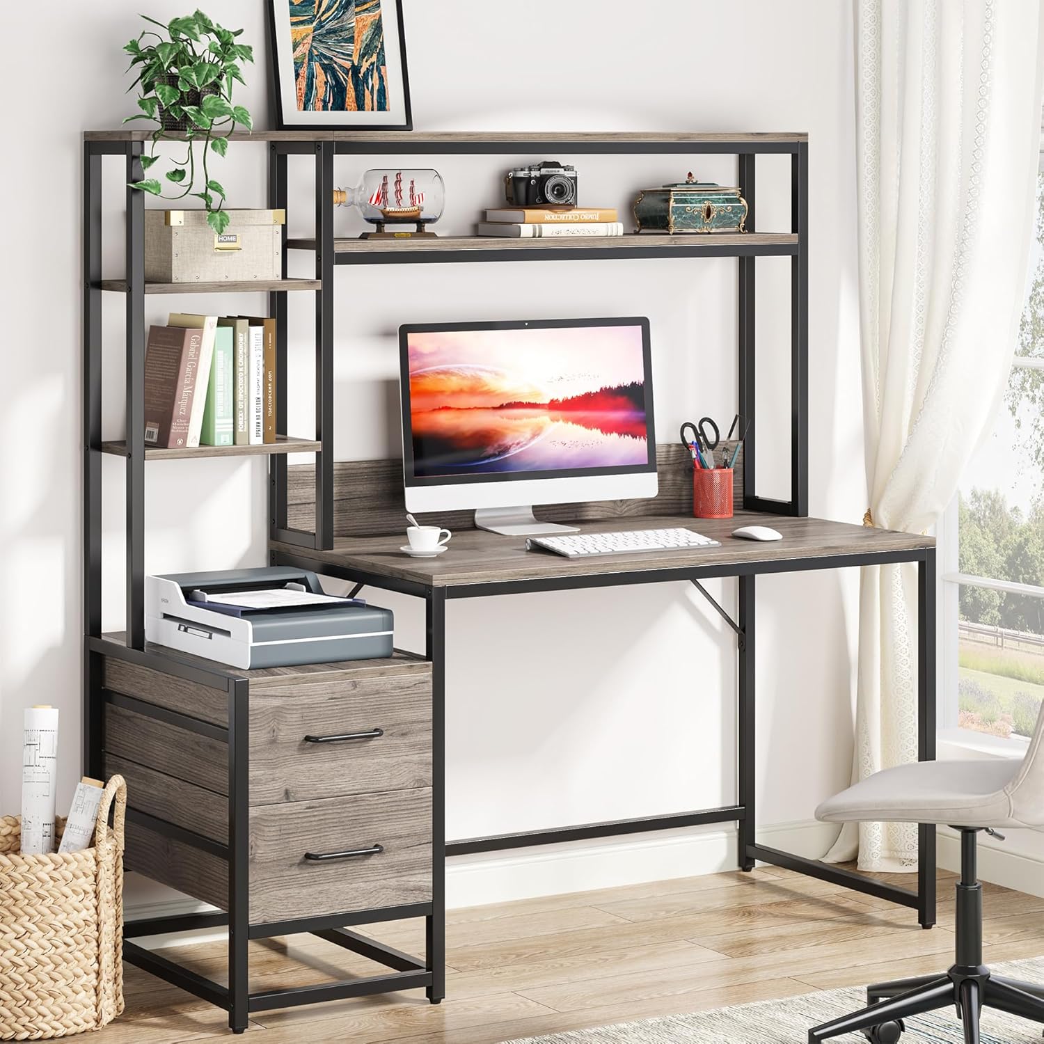 Tribesigns 55 Inch Computer Desk with Storage Shelves, Rustic Office Desk with Drawers