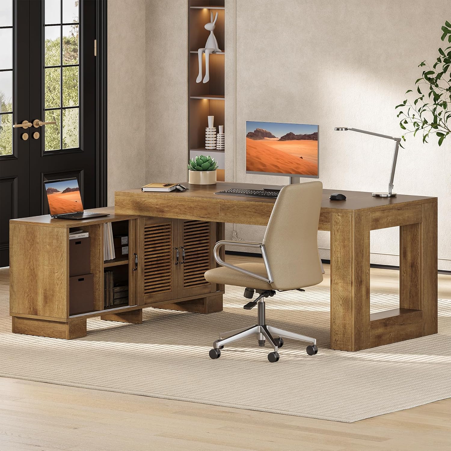 63" Computer Desk, L-shaped Executive Desk with Storage Cabinets