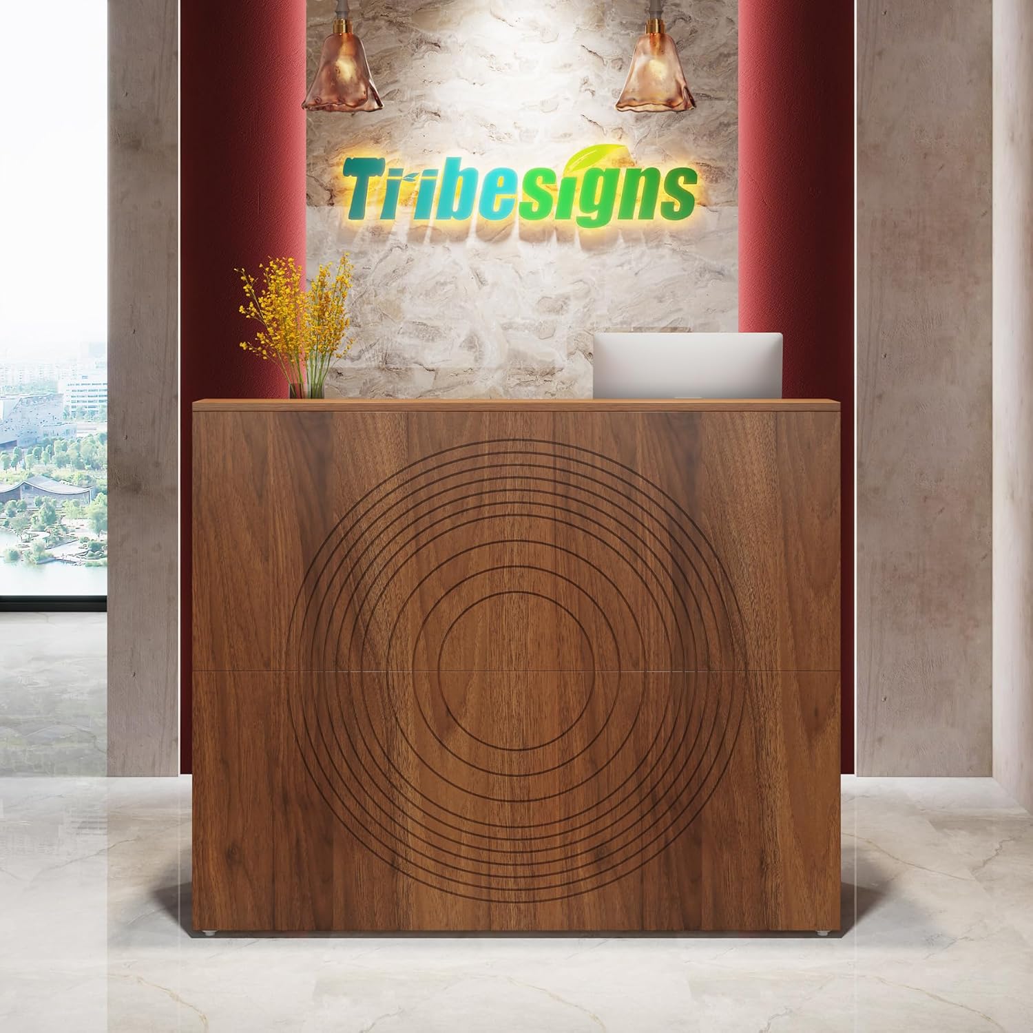 46.46" Modern Reception Desk, White Front Counter with Cable Grommet for Salon and Home Office