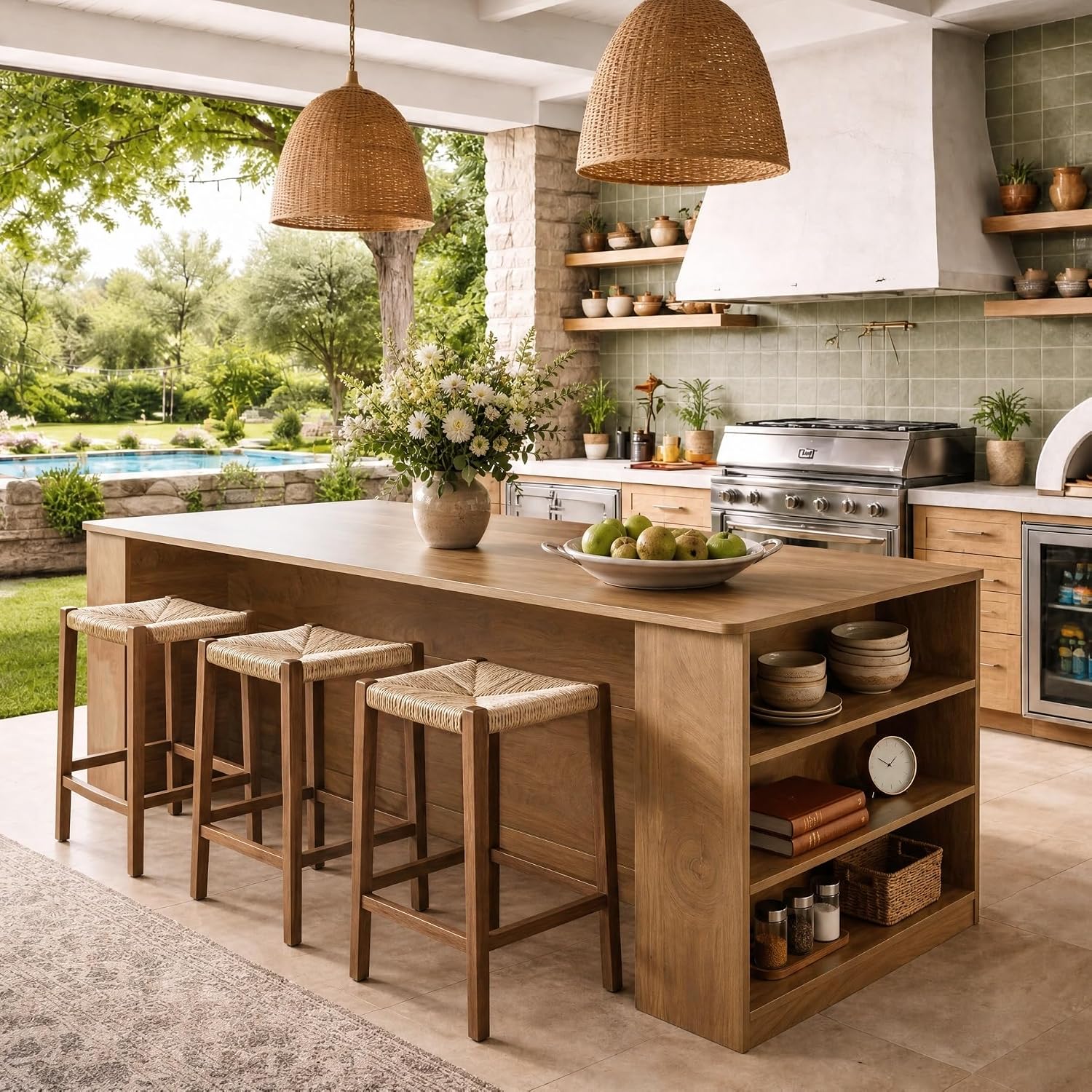 71" Bar Table, Farmhouse Counter Height Pub Table with Slatted Cabinet & 6 Open Shelves