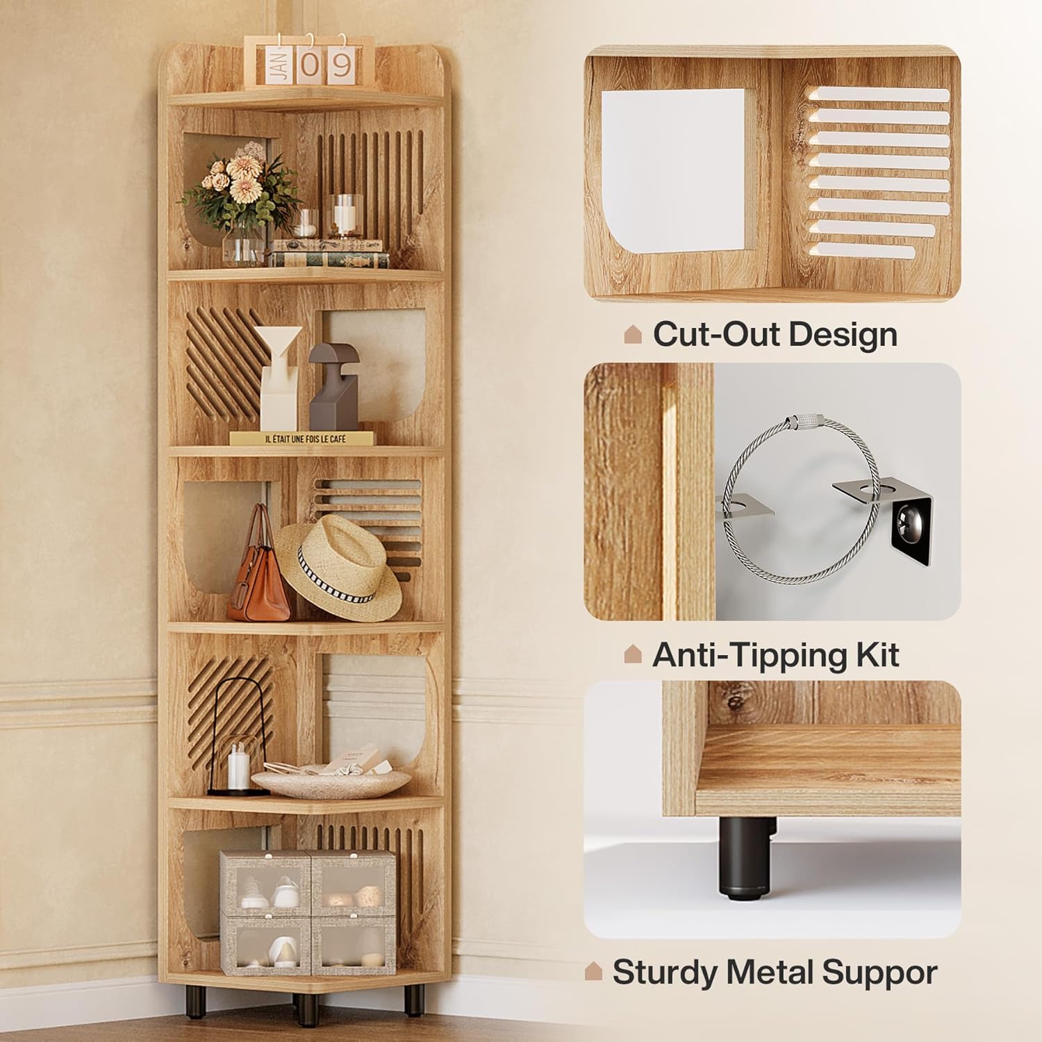 Tribesigns 6-Tier Corner Shelf, Tall Skinny Display Bookcase for Small Spaces