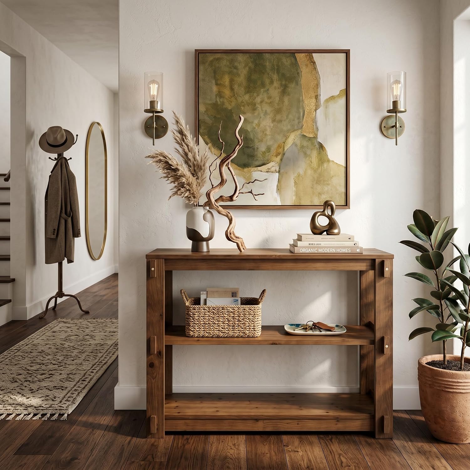 41.3" Solid Wood Console Tabale, Farmhouse Sofa Table with 3-Tier Shelves