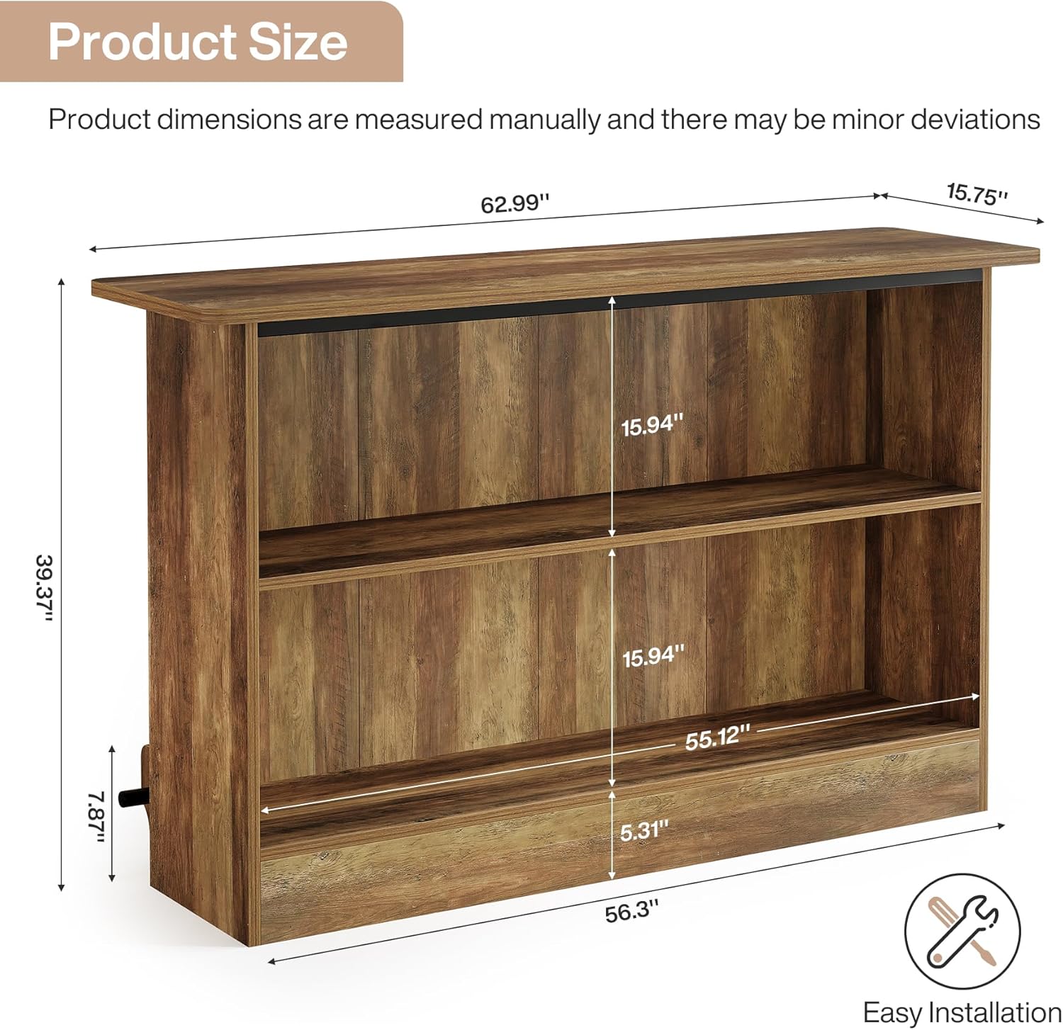 63" Home Bar Unit, 2-Tier  Bar Table Coffee Cabinet with Footrest