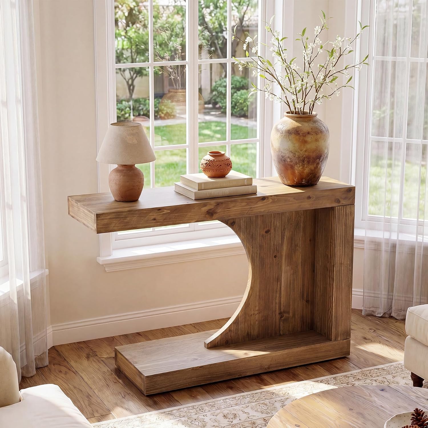 39.4" C-Shaped Console Table, Solid Wood Modern Entryway Accent Table for Living Room