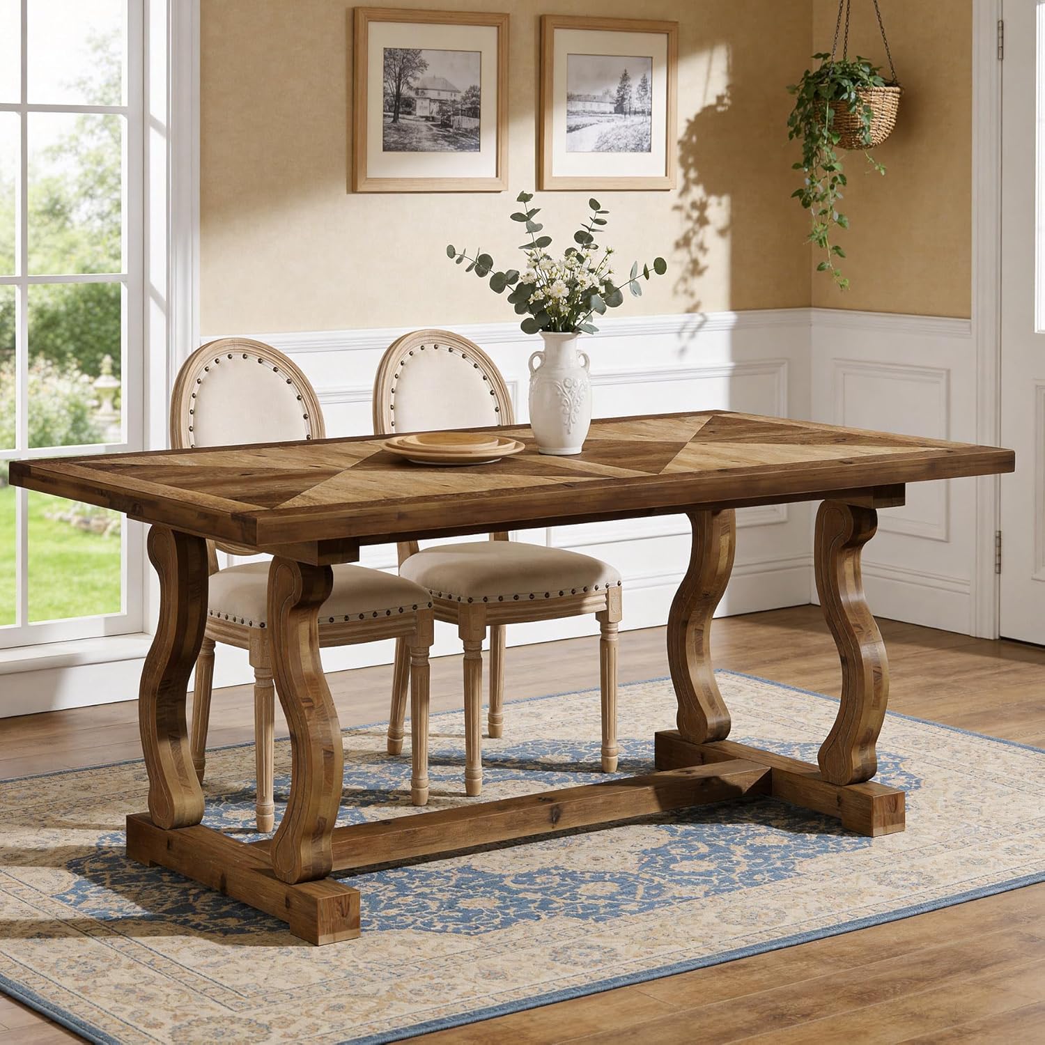 63" Solid Wood Farmhouse Dining Table for 4–6, Rectangular Kitchen Table with Parquetry Top & Scroll Legs
