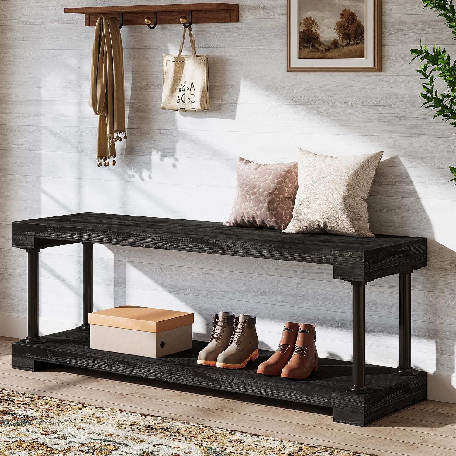 Tribesigns 63" Solid Wood Entryway Bench, Industrial Storage Bench with Shelf