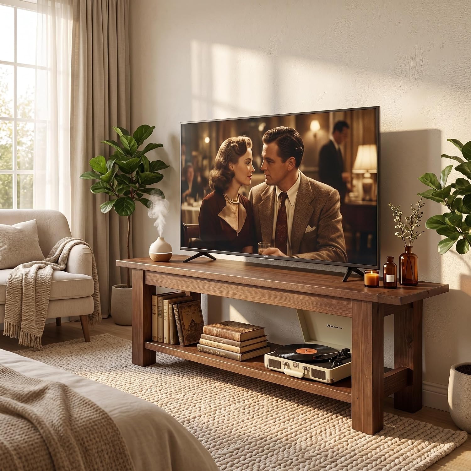 71" Rustic Solid Wood TV Stand for 75" TV, Entertainment Center with Storage Shelf