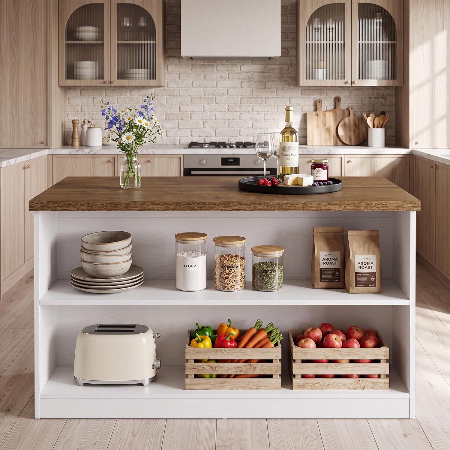 55" Farmhouse Kitchen Island, Stationary Island Prep Dining Table with 2-Tier Open Shelves