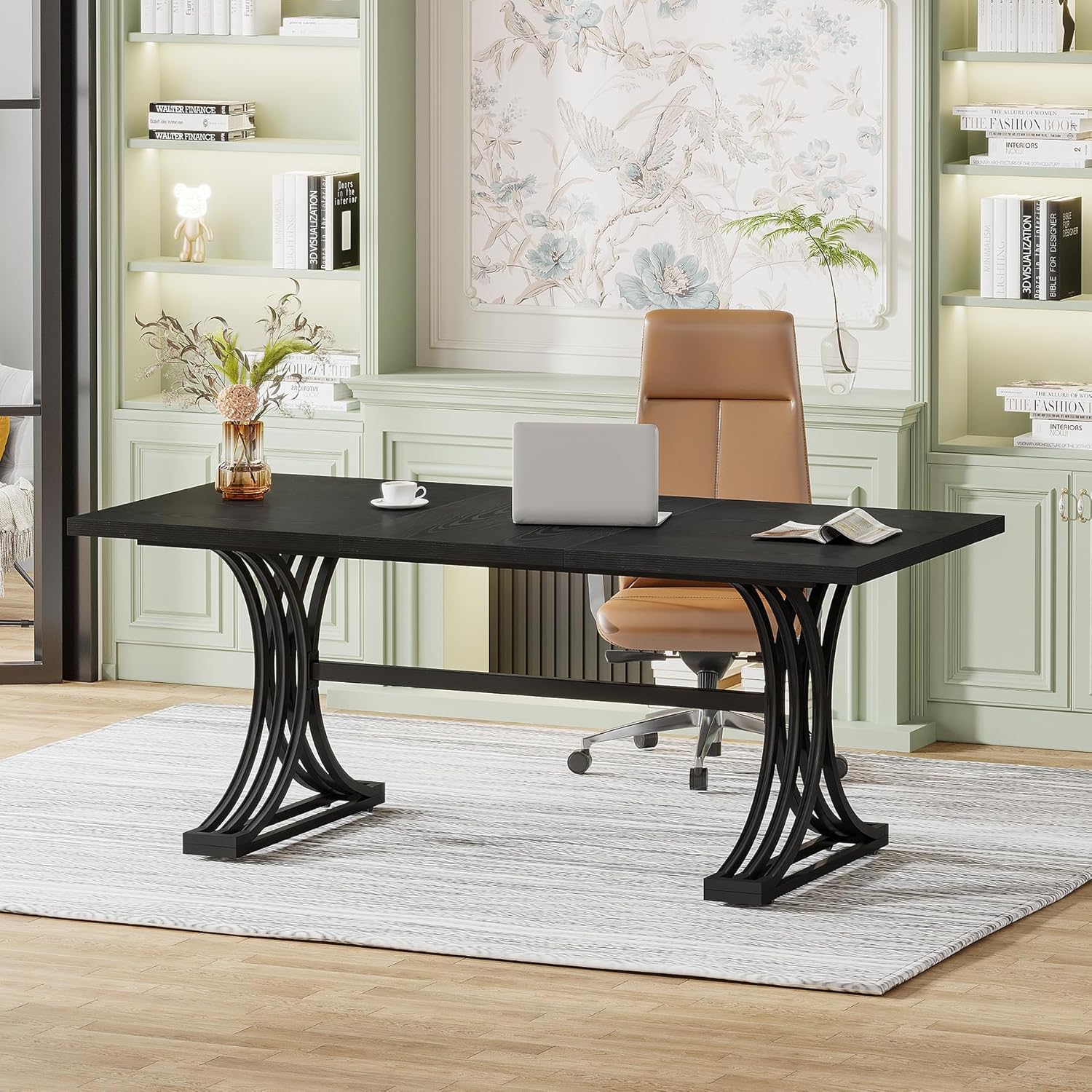 63" Computer Desk with Faux Marble Surface and Gold Metal Base, Modern Executive Desk