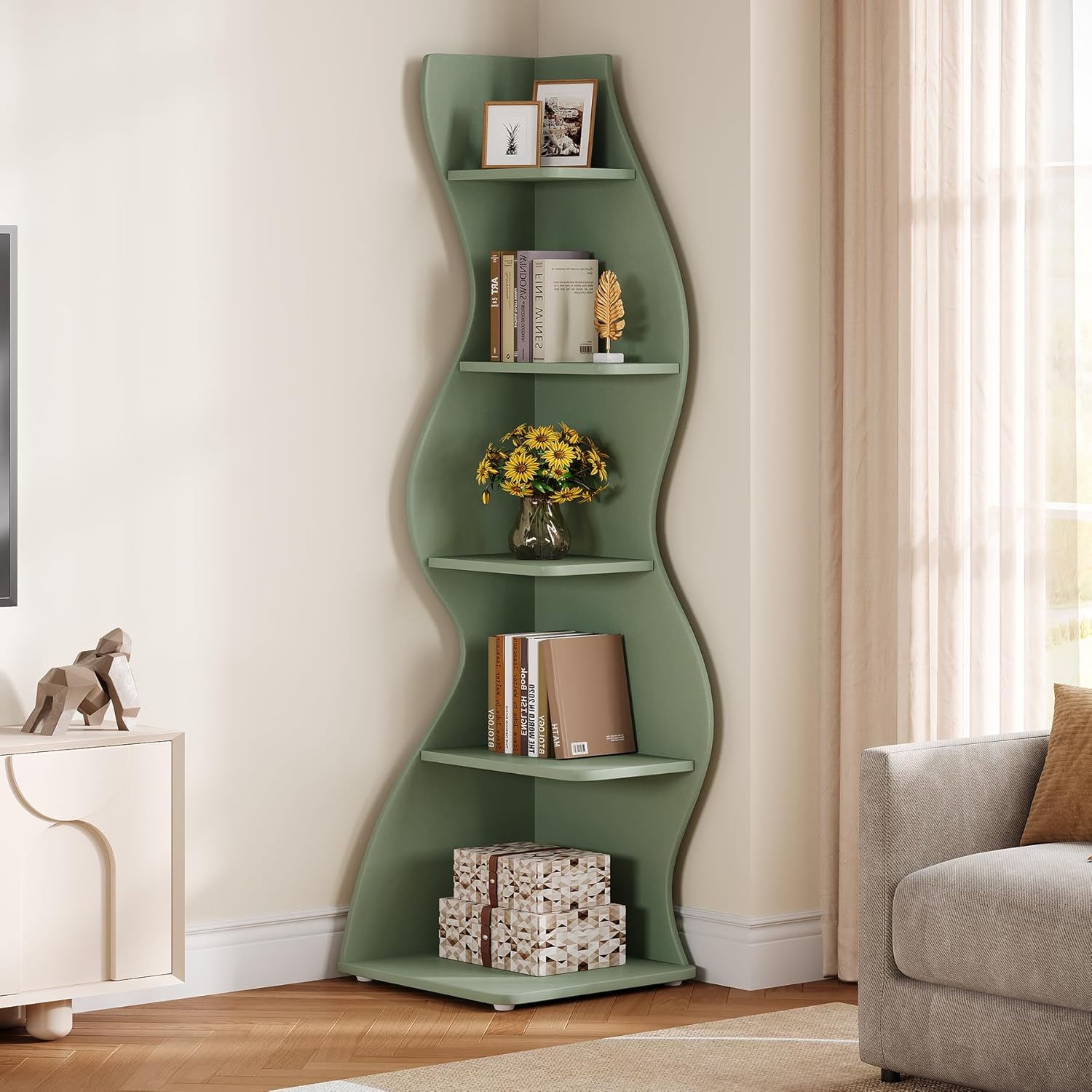 Tribesigns Wavy Corner Shelf, Modern 5-Tier Curved Bookshelf for Small Spaces