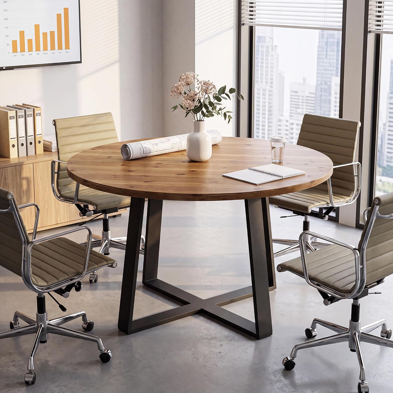 47" Round Conference Table, Solid Wood Meeting Table for Conference Room