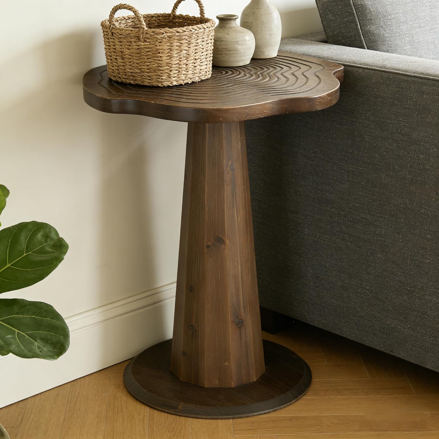 20.8" End Table, Solid Wood Round Pedestal Side Table with Tree-Ring Patterns