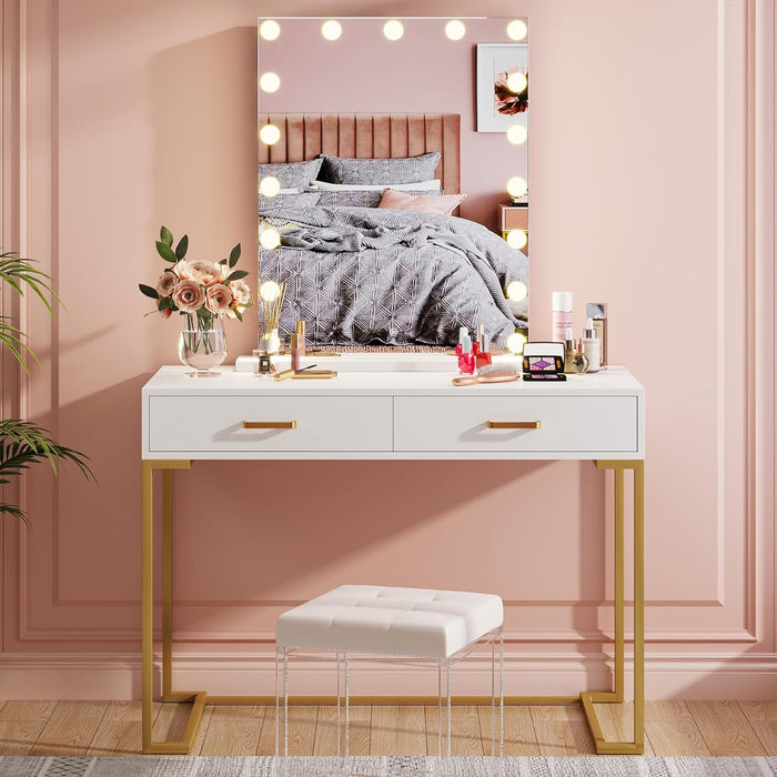 2 Drawers Makeup Vanity, 41.7" Dressing Table with 24" Hollywood Mirror Tribesigns