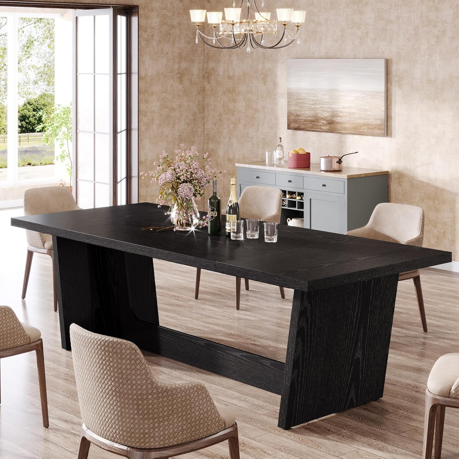 70.87" Rustic Brown Dining Table, Large Farmhouse Rectangular Table with Solid Pedestal Base