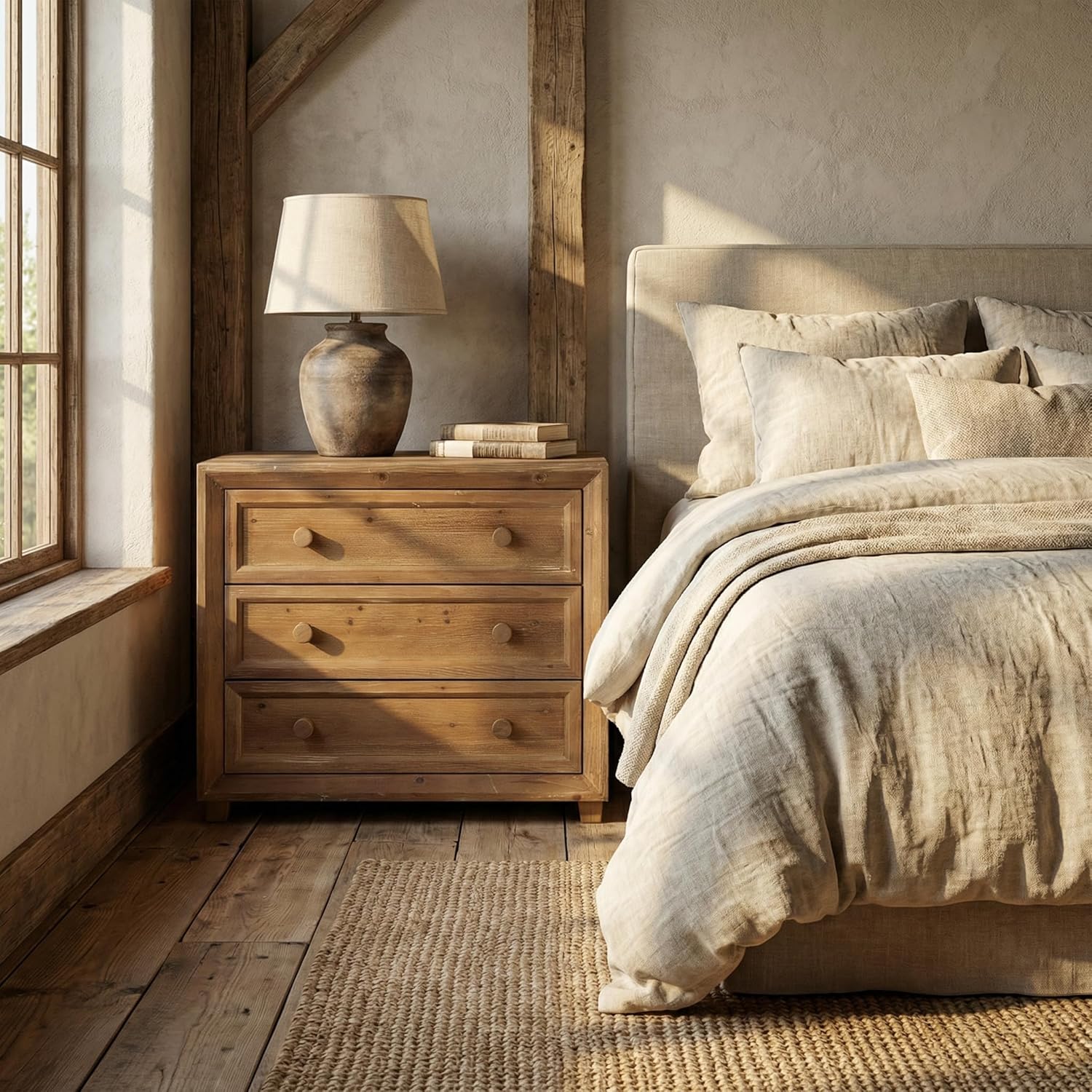 31.5" Wide Nightstand, Solid Wood Bedside Table with 3 Drawers