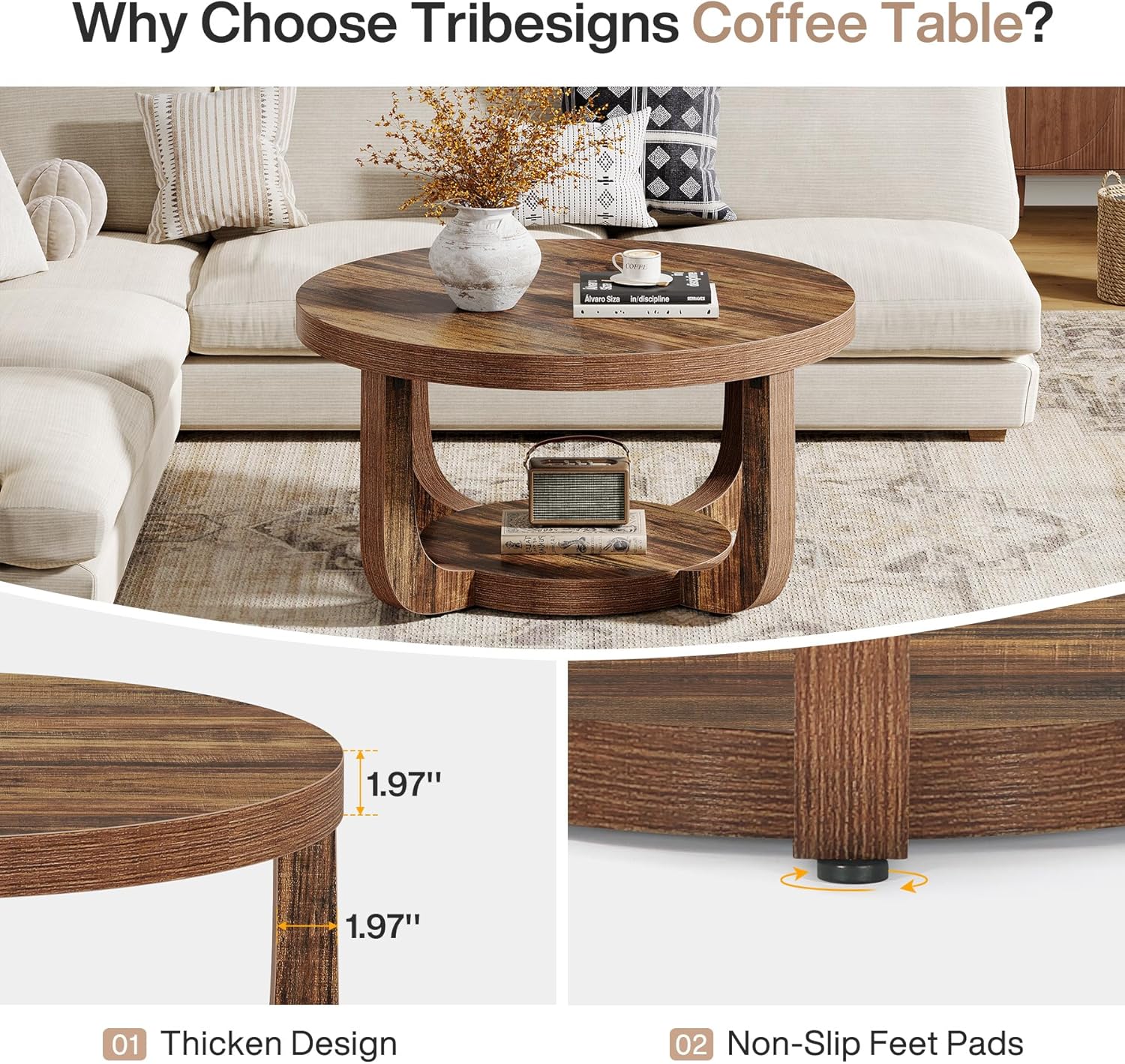 31.5" Coffee Table, Modern 2 - Tier Circle Center Table with Storage Tribesigns