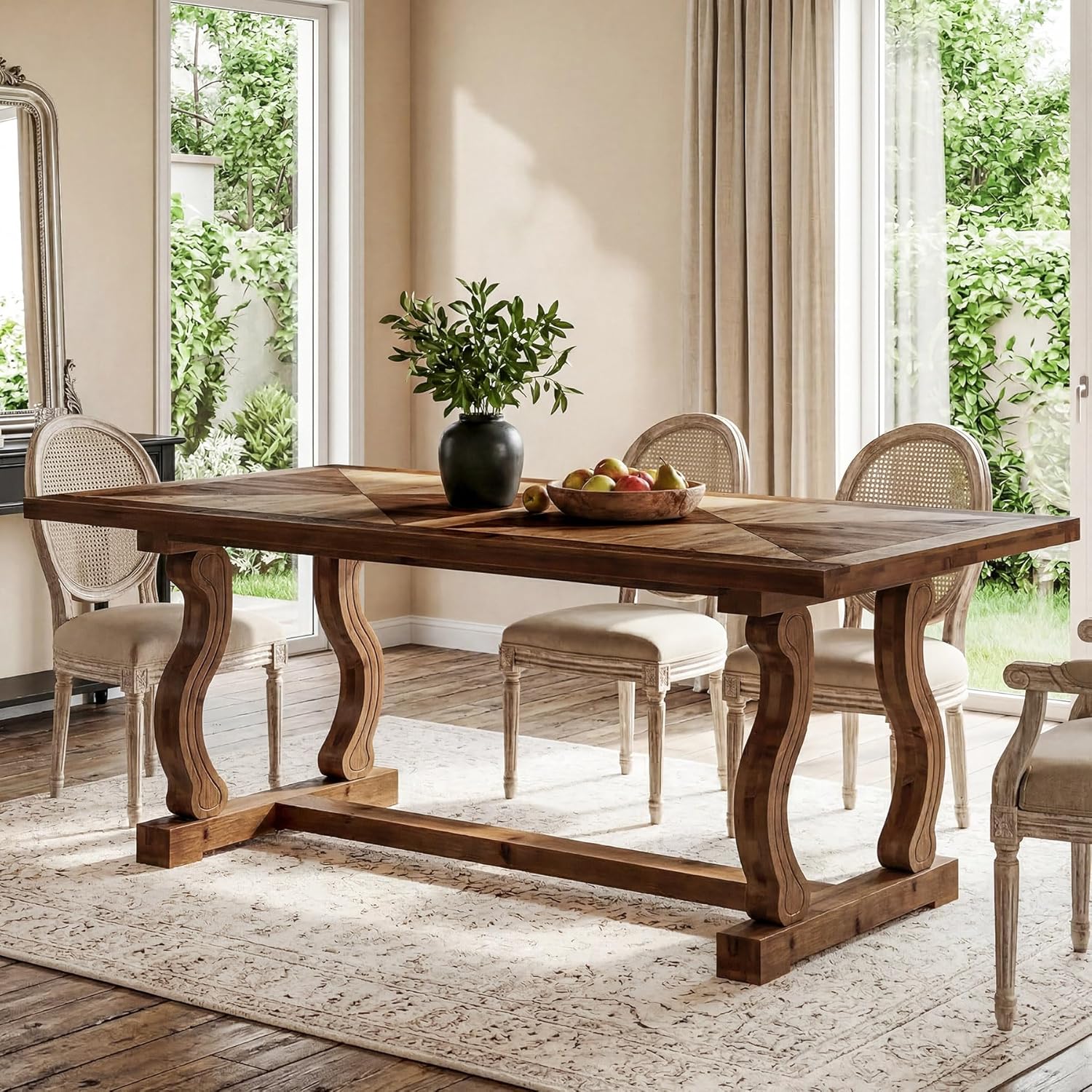 63" Solid Wood Farmhouse Dining Table for 4–6, Rectangular Kitchen Table with Parquetry Top & Scroll Legs