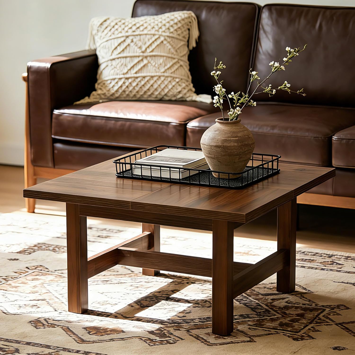 31" Square Coffee Table, Wooden Farmhouse Center Table with Sturdy Legs