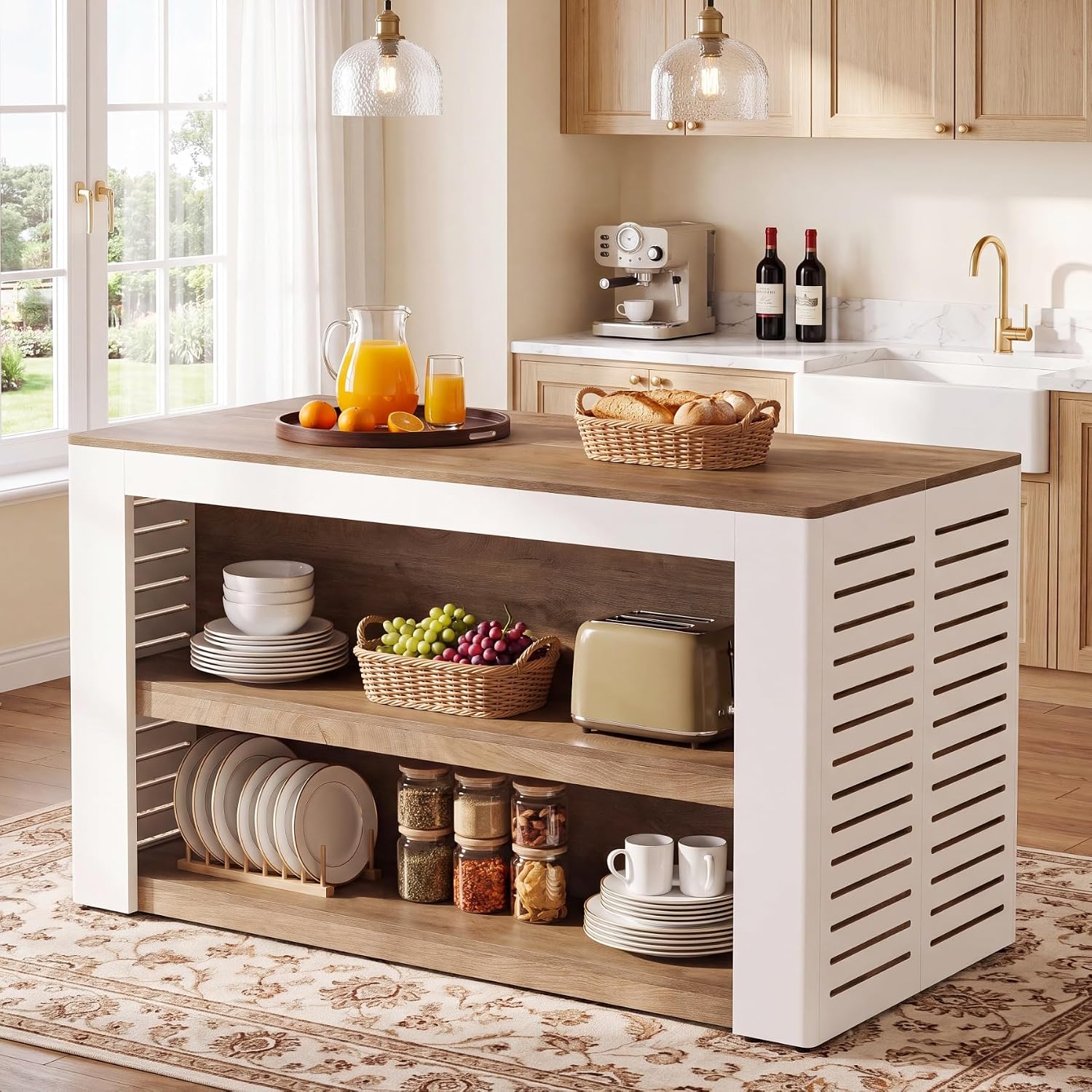 55" Farmhouse Kitchen Island, 3-Tier Wooden Stationary Island Table for Kitchen