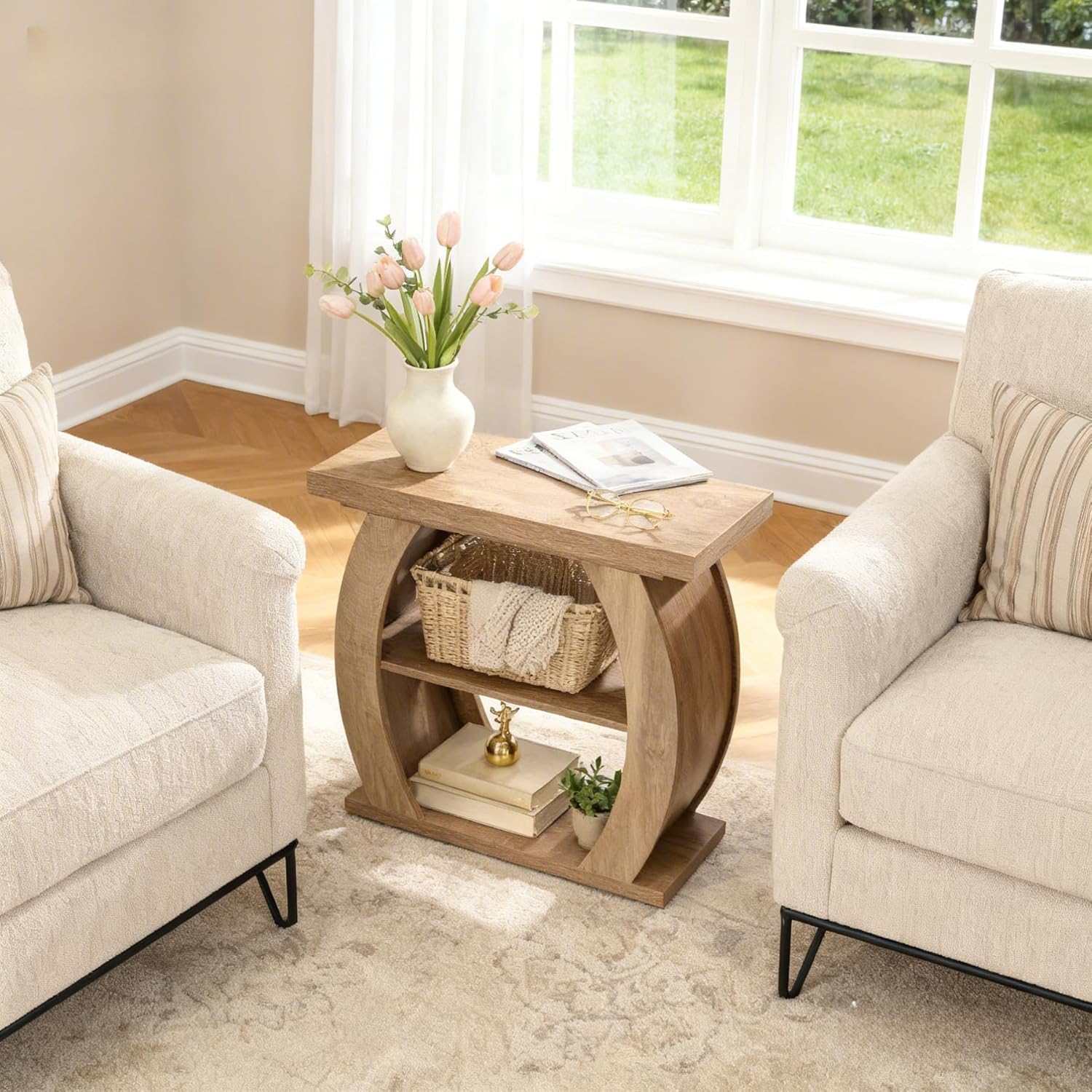 Narrow End Table, 2-Tier Farmhouse Side Table with Curved Frame