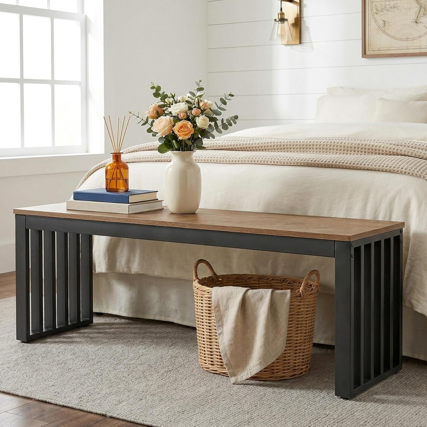 47.3" Entryway Bench, Wooden End of Bed Bench with Sturdy Metal Frame