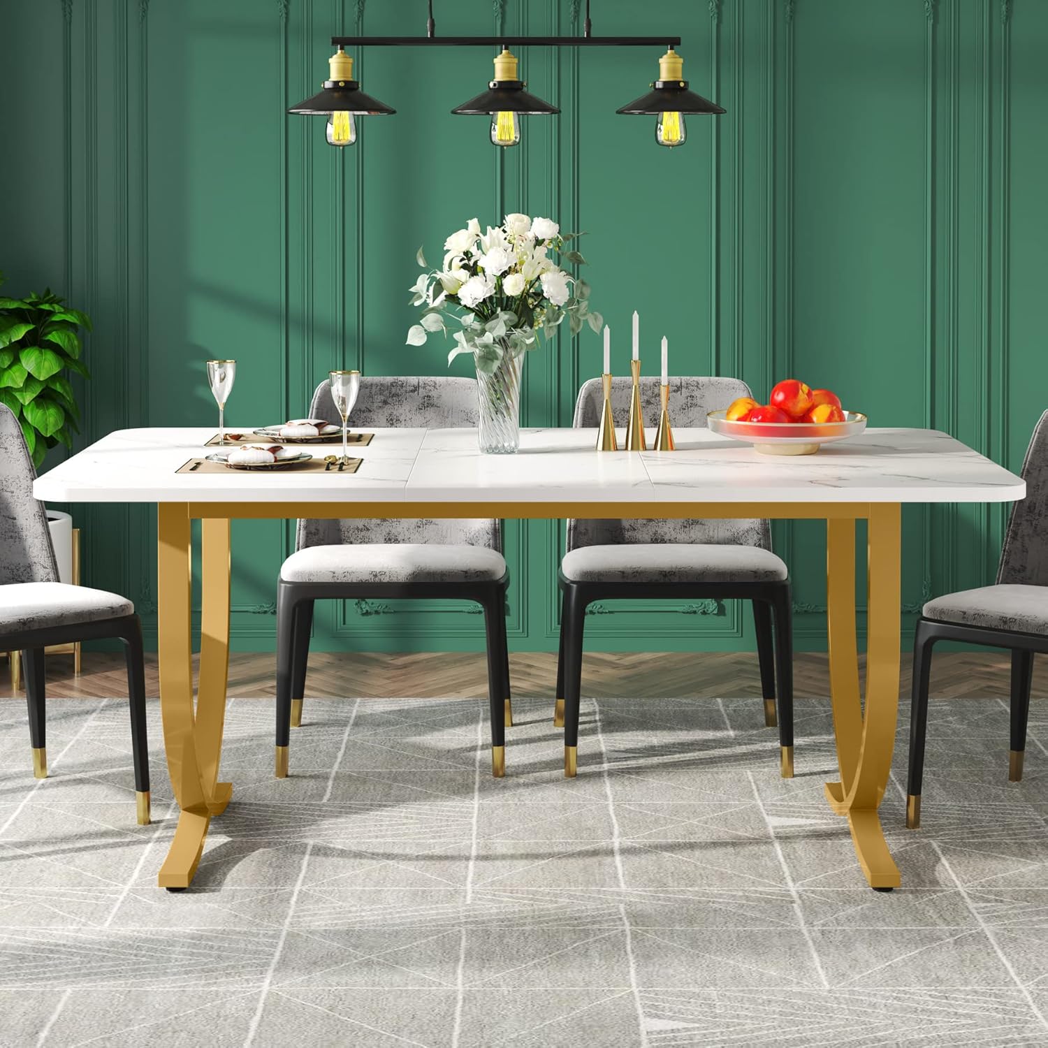 63" Modern Kitchen Table with Gold Metal Legs, Faux Marble Rectangular Dining Table