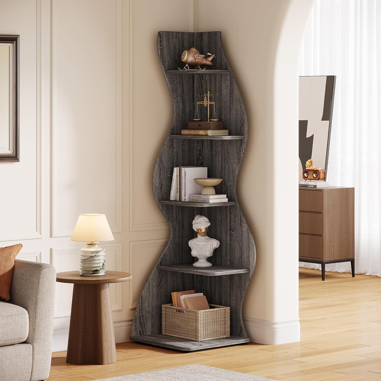 Tribesigns Wavy Corner Shelf, Modern 5-Tier Curved Bookshelf for Small Spaces