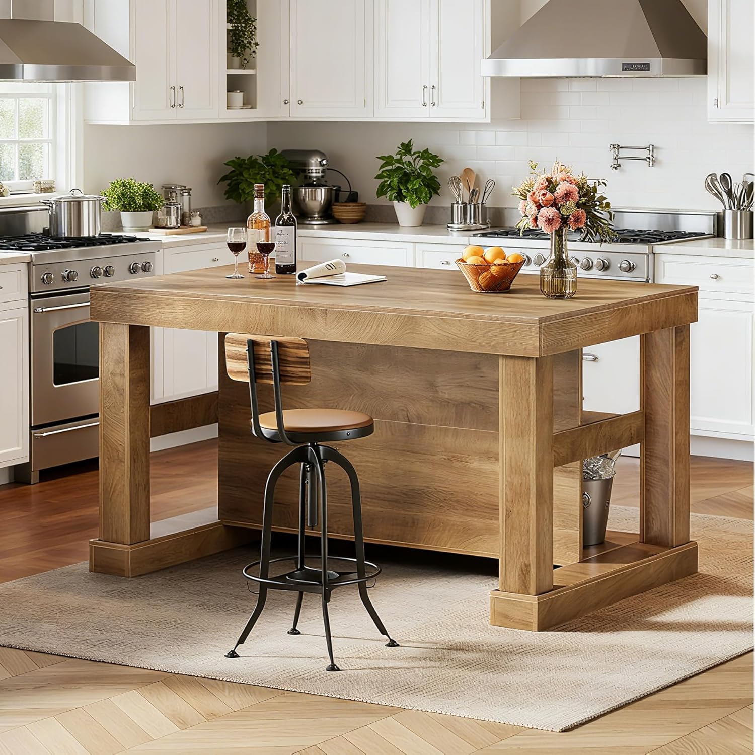 55" Counter Height Bar Table with Storage Shelves, Rectangular Kitchen Table for 6